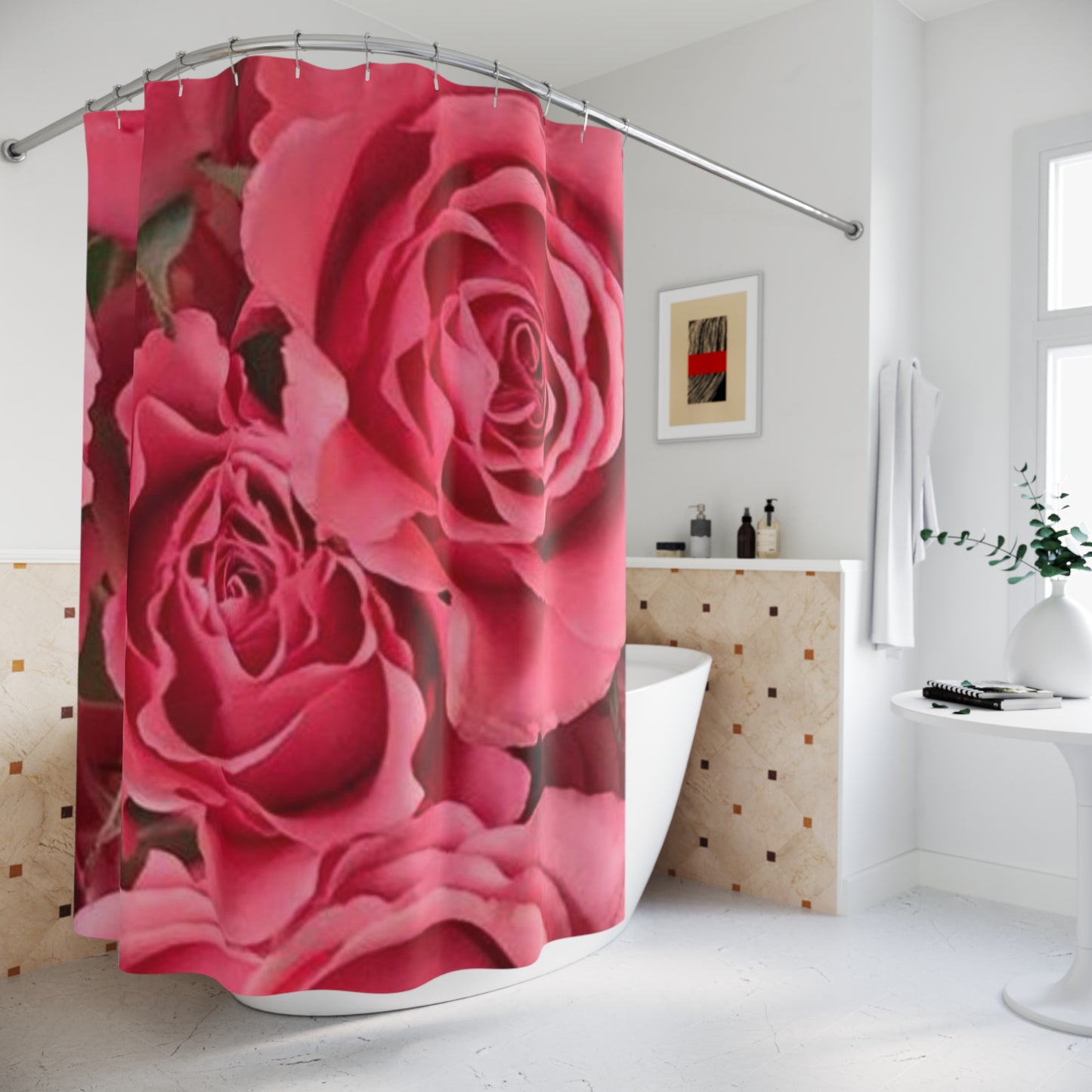 Romantic Floral Shower Curtain - Pink Roses Design for Elegant Bathroom Decor