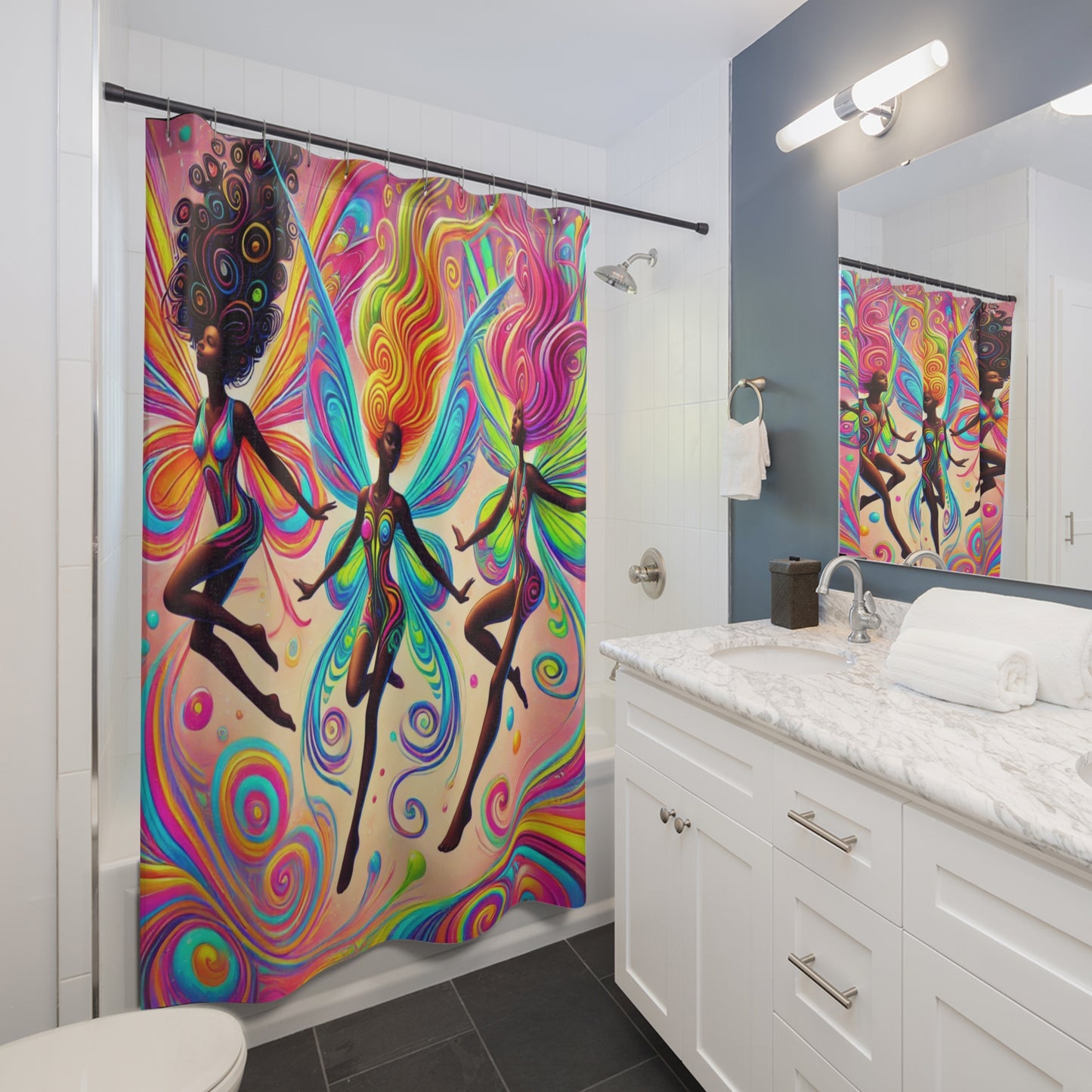 Colorful Fairies Shower Curtain | Vibrant Bathroom Decor | Bohemian Style