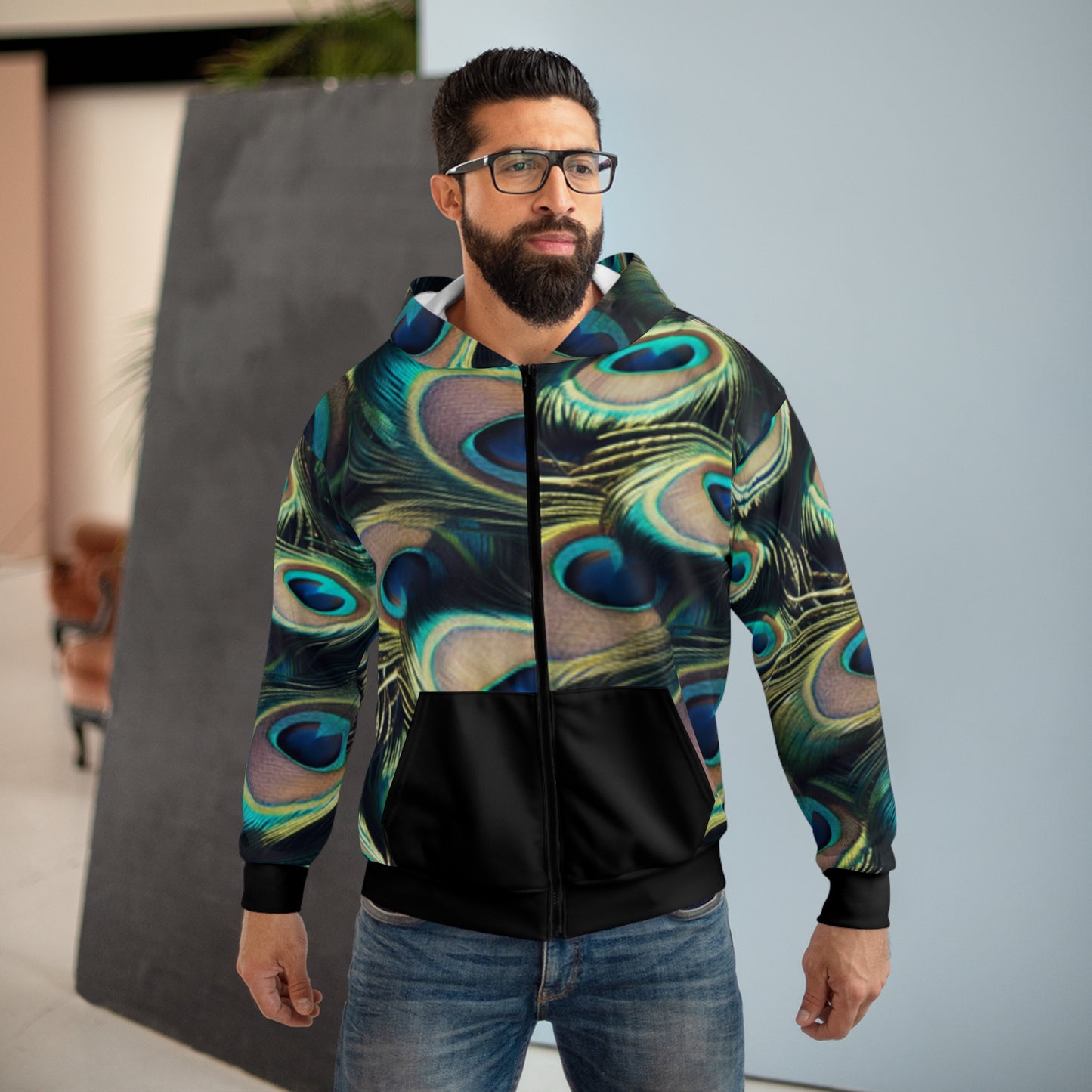 Vibrant Peacock Feather Unisex Zip Hoodie | Cozy & Stylish Layering