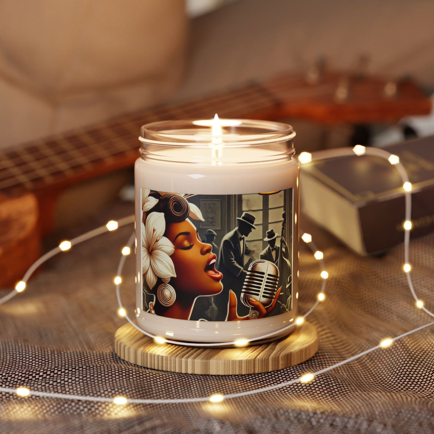 Jazz-Inspired Scented Soy Candle - 9oz with Floral Design