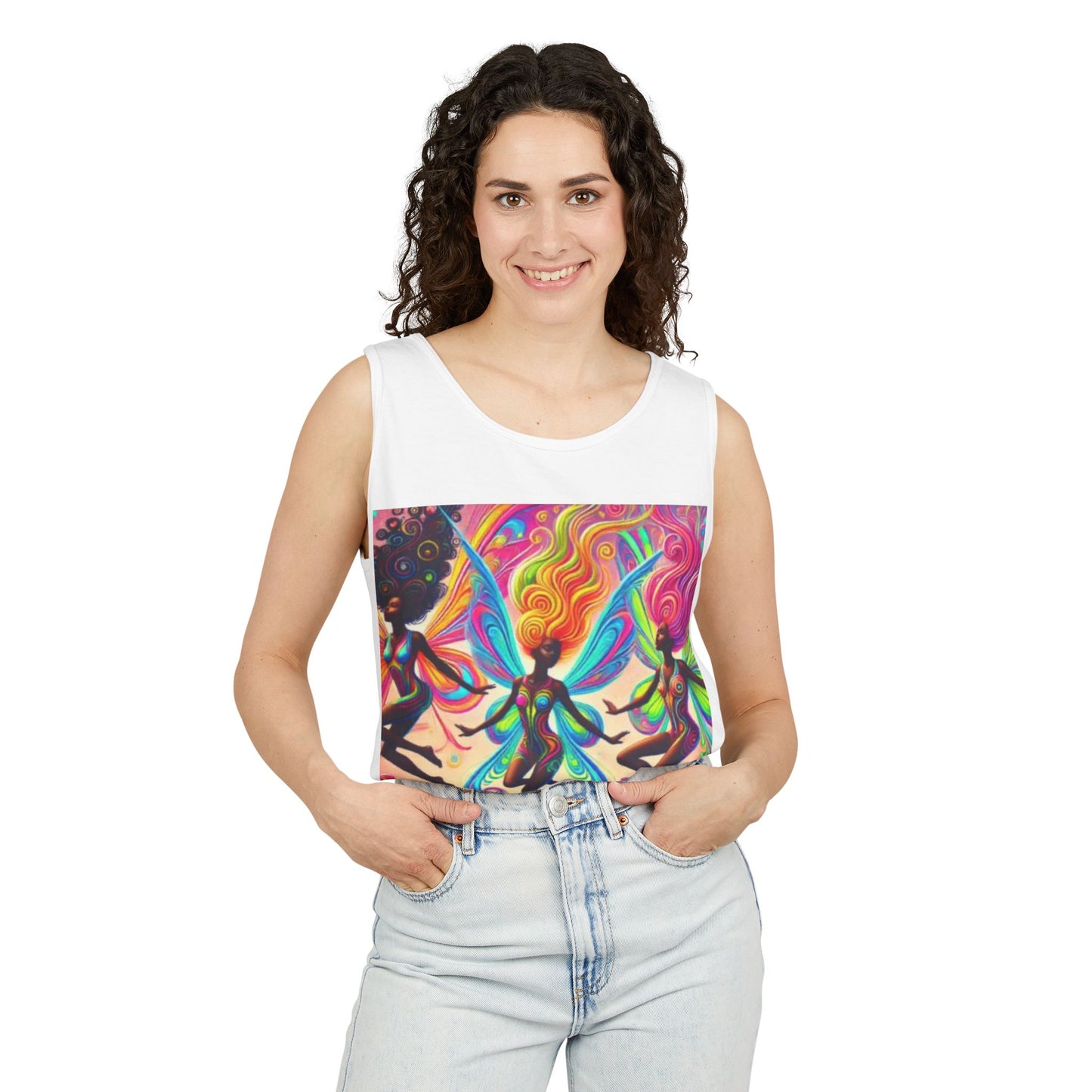 Vibrant Fairy Dance Tank Top, Bohemian Apparel, Artistic Summer Wear, Festival Shirt, Unisex Graphic Top, Colorful Gift Idea