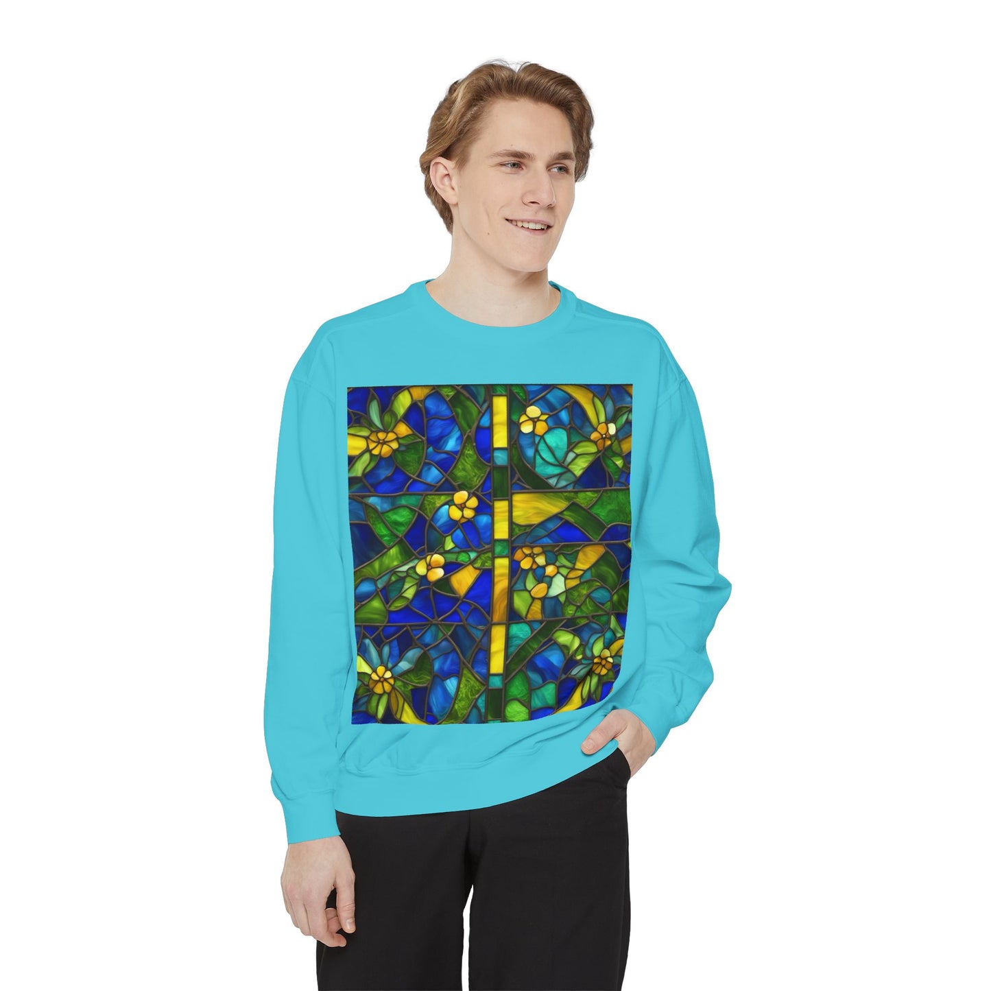 Colorful Stained Glass Flower Sweatshirt - Unisex Garment-Dyed Pullover