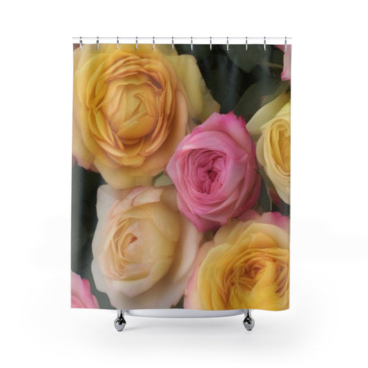 Elegant Floral Shower Curtain - Bright Pink & Yellow Roses
