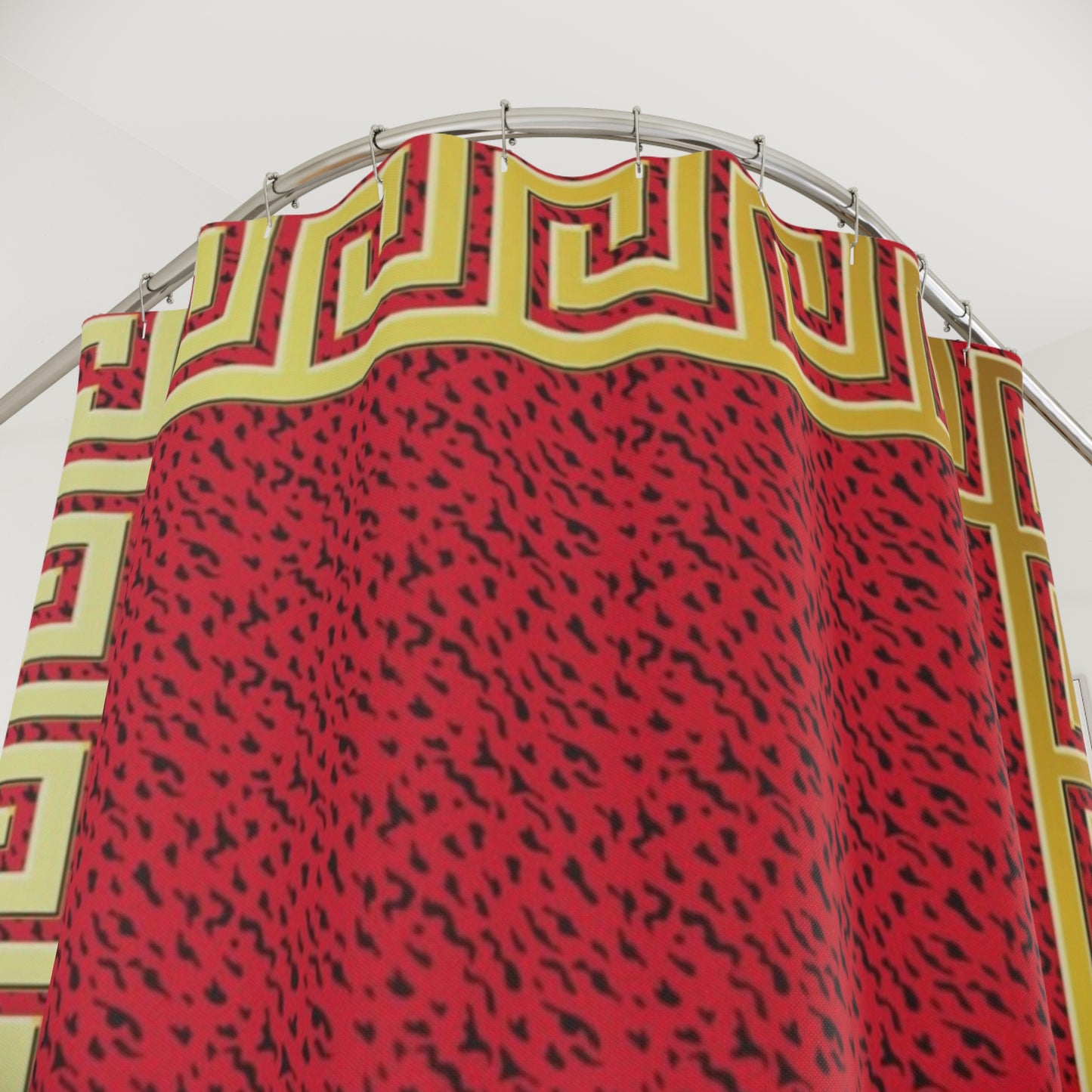 Vibrant Greek Key Shower Curtain - Bold Red & Gold Pattern for Luxurious Bathrooms