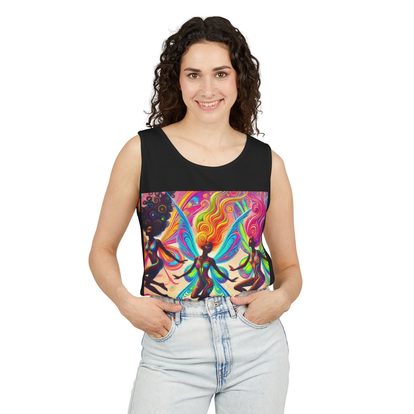 Vibrant Fairy Dance Tank Top, Bohemian Apparel, Artistic Summer Wear, Festival Shirt, Unisex Graphic Top, Colorful Gift Idea
