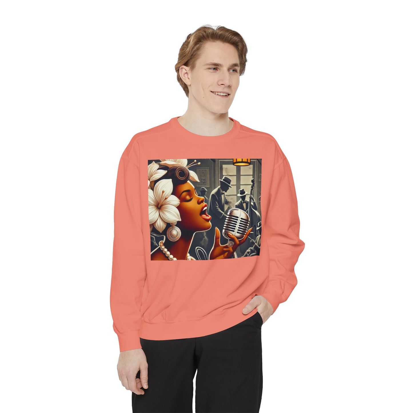 Vintage Jazz Singer Sweatshirt - Unisex Garment-Dyed Design for Music Lovers