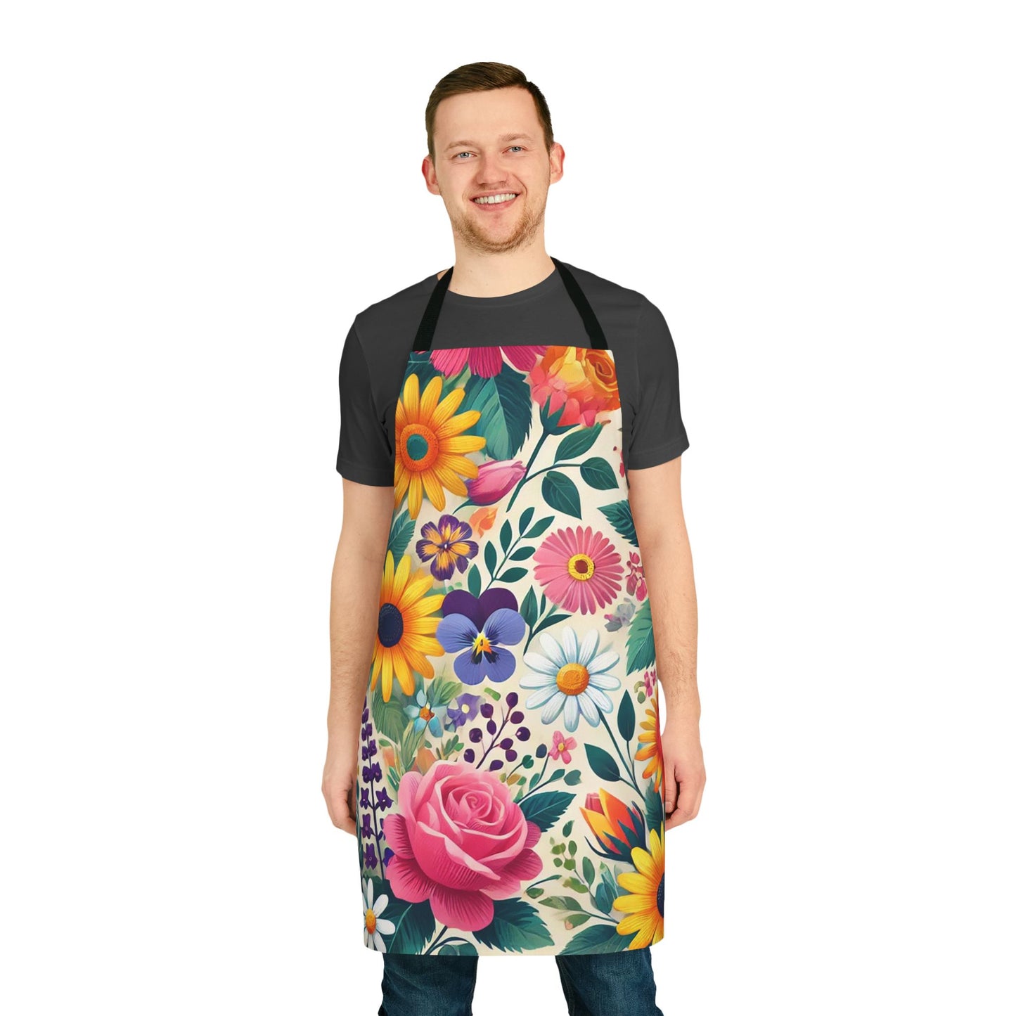 Floral Print Apron with 5-Color Straps – Perfect for Cooking, Gardening, or Crafting