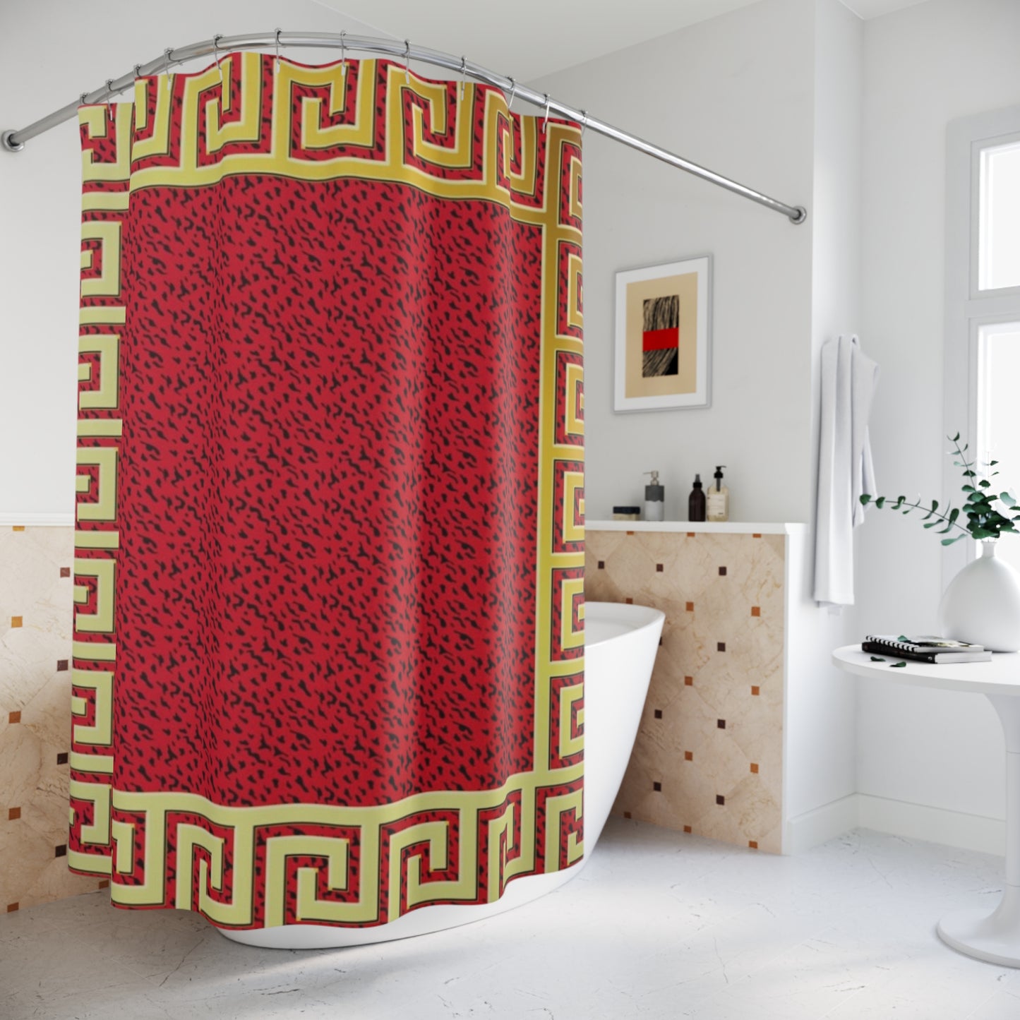 Vibrant Greek Key Shower Curtain - Bold Red & Gold Pattern for Luxurious Bathrooms