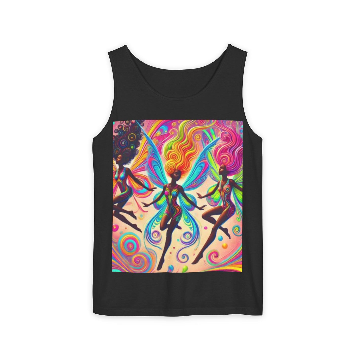 Vibrant Fairy Dance Tank Top, Bohemian Apparel, Artistic Summer Wear, Festival Shirt, Unisex Graphic Top, Colorful Gift Idea