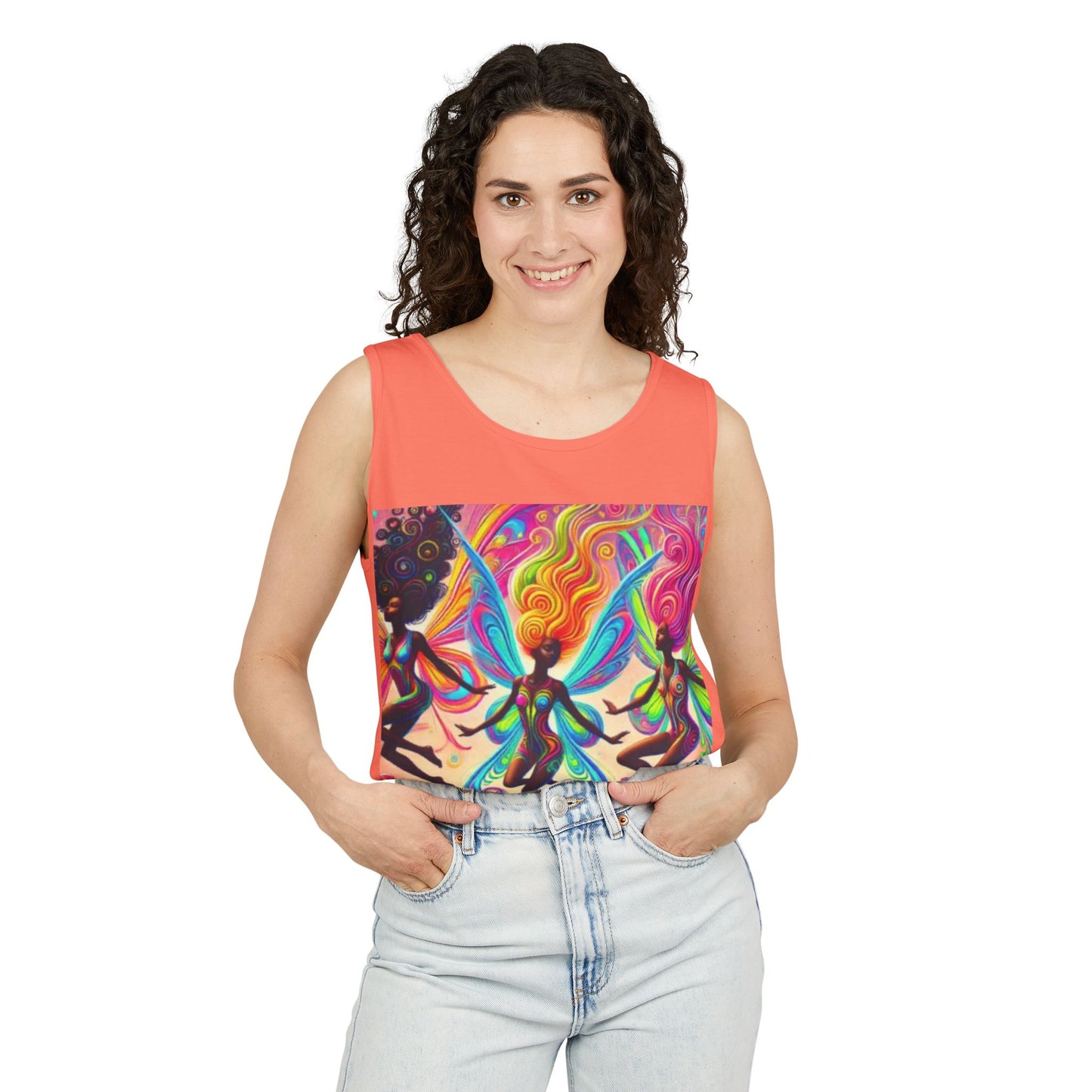 Vibrant Fairy Dance Tank Top, Bohemian Apparel, Artistic Summer Wear, Festival Shirt, Unisex Graphic Top, Colorful Gift Idea