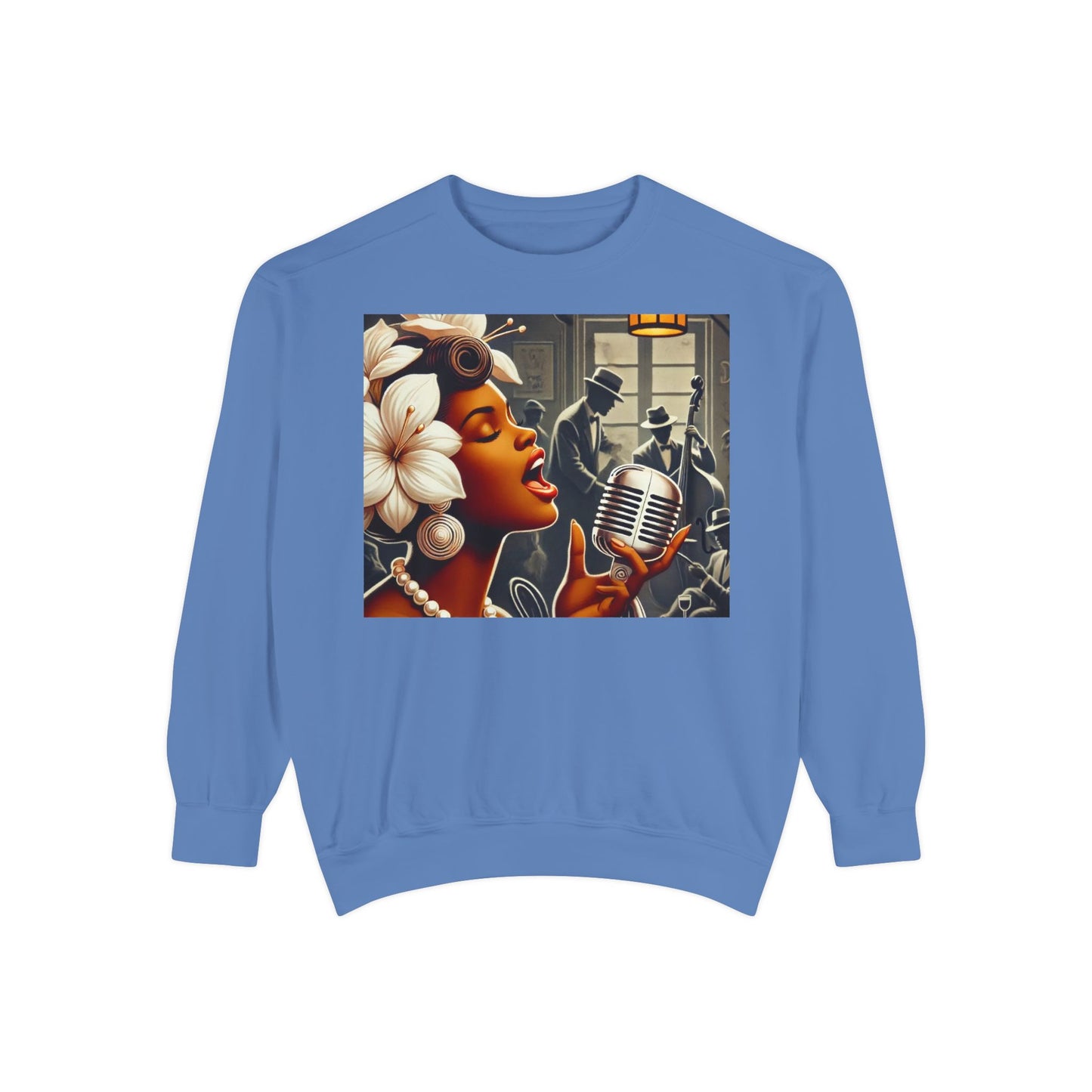 Vintage Jazz Singer Sweatshirt - Unisex Garment-Dyed Design for Music Lovers