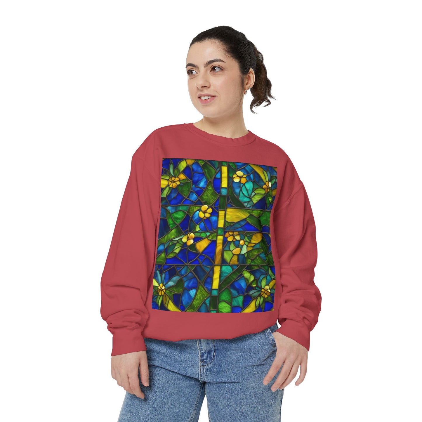 Colorful Stained Glass Flower Sweatshirt - Unisex Garment-Dyed Pullover