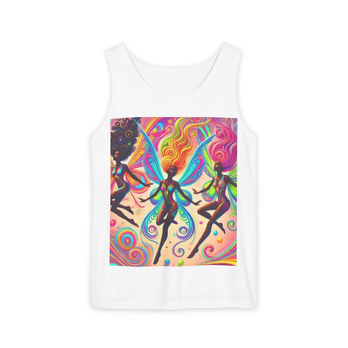 Vibrant Fairy Dance Tank Top, Bohemian Apparel, Artistic Summer Wear, Festival Shirt, Unisex Graphic Top, Colorful Gift Idea