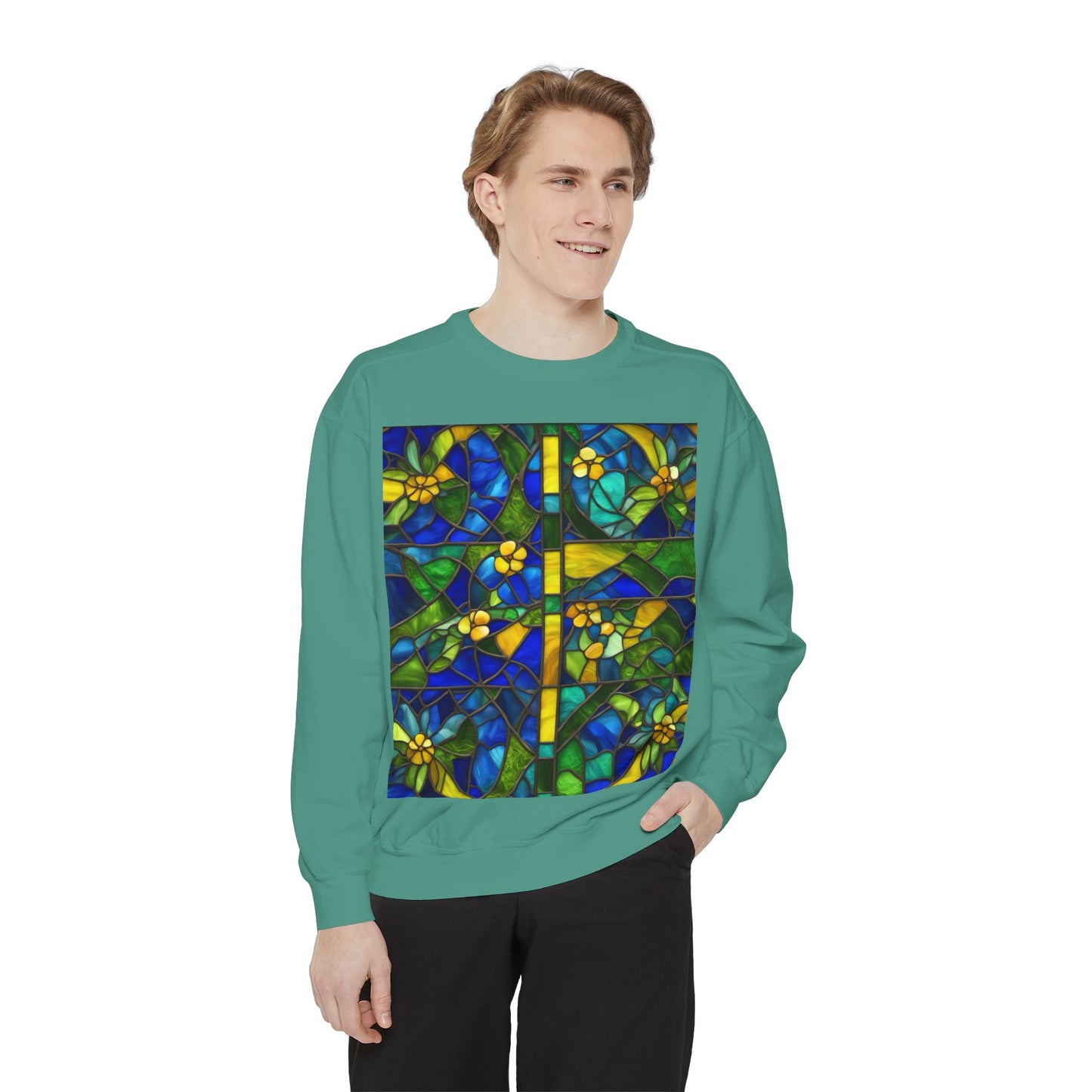 Colorful Stained Glass Flower Sweatshirt - Unisex Garment-Dyed Pullover
