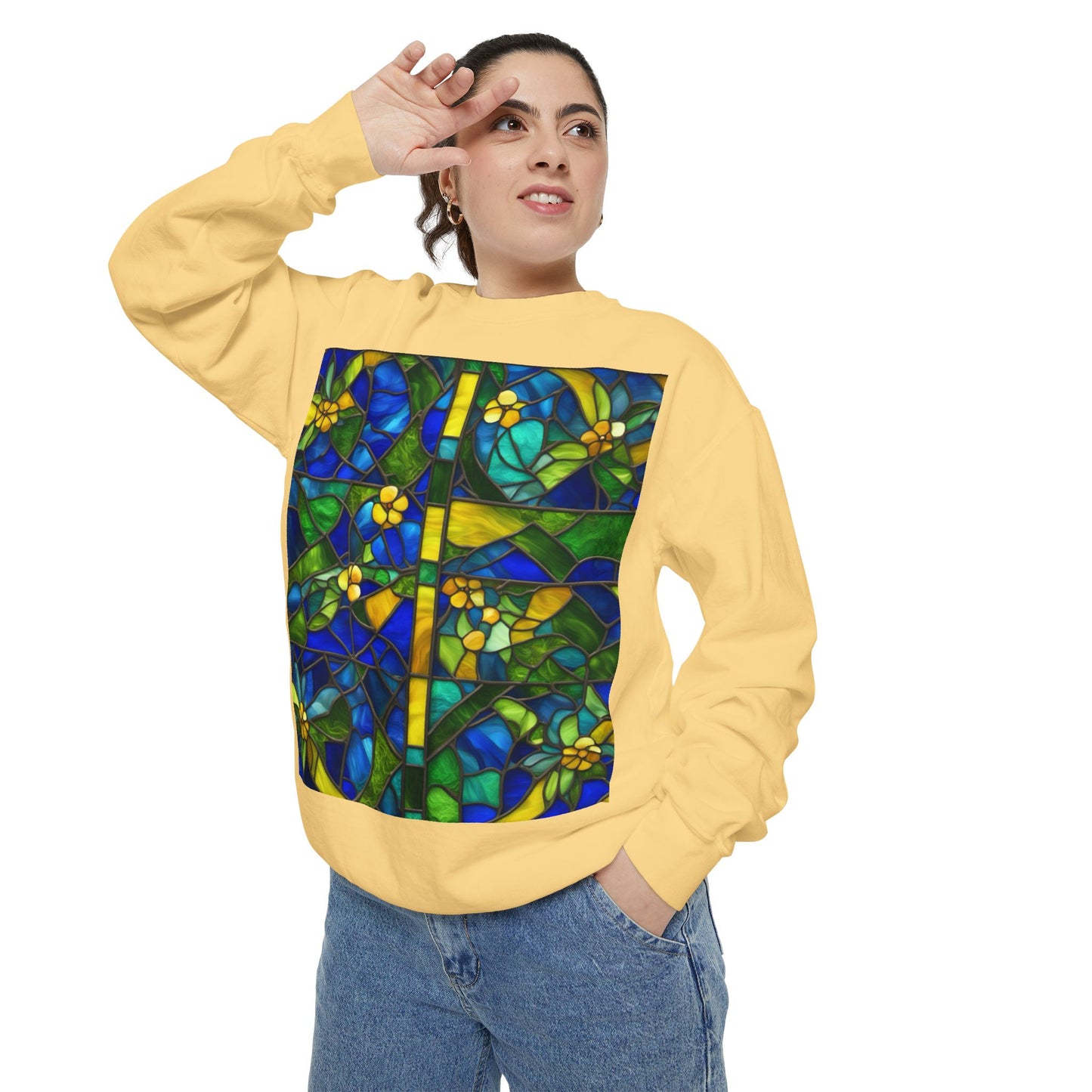 Colorful Stained Glass Flower Sweatshirt - Unisex Garment-Dyed Pullover