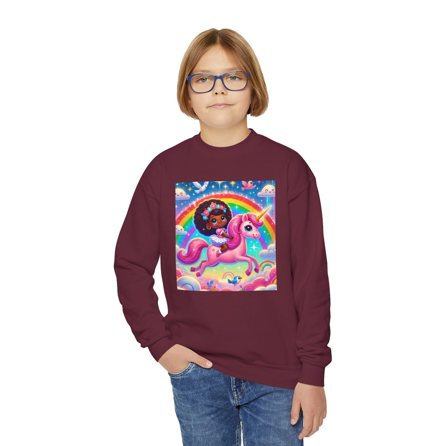 Rainbow Unicorn Youth Crewneck Sweatshirt - Magical Adventure Design