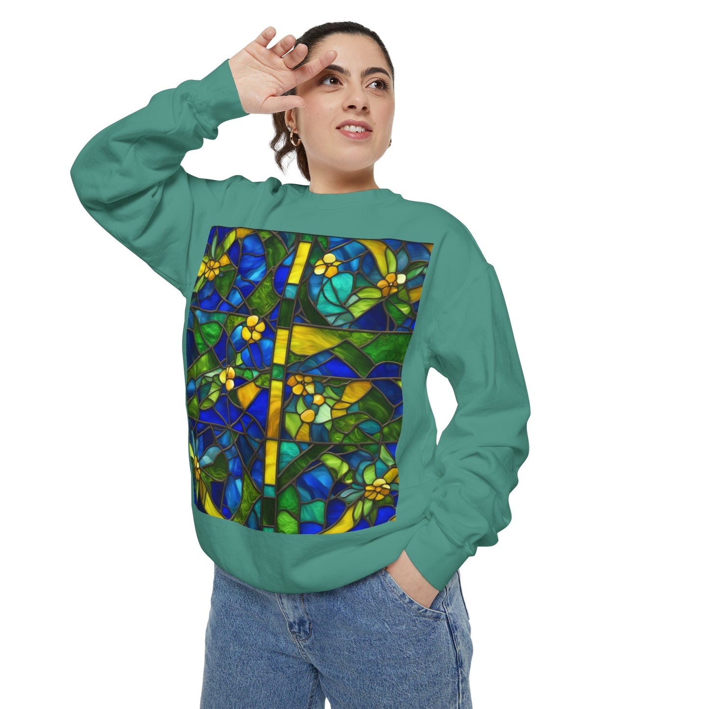 Colorful Stained Glass Flower Sweatshirt - Unisex Garment-Dyed Pullover