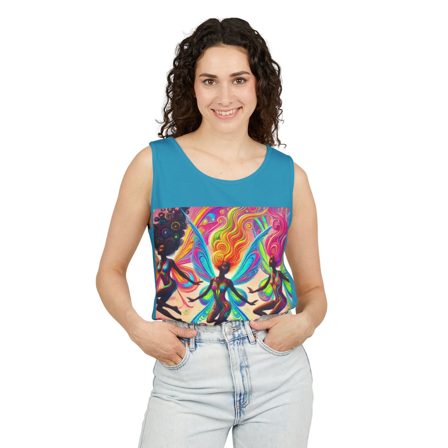 Vibrant Fairy Dance Tank Top, Bohemian Apparel, Artistic Summer Wear, Festival Shirt, Unisex Graphic Top, Colorful Gift Idea