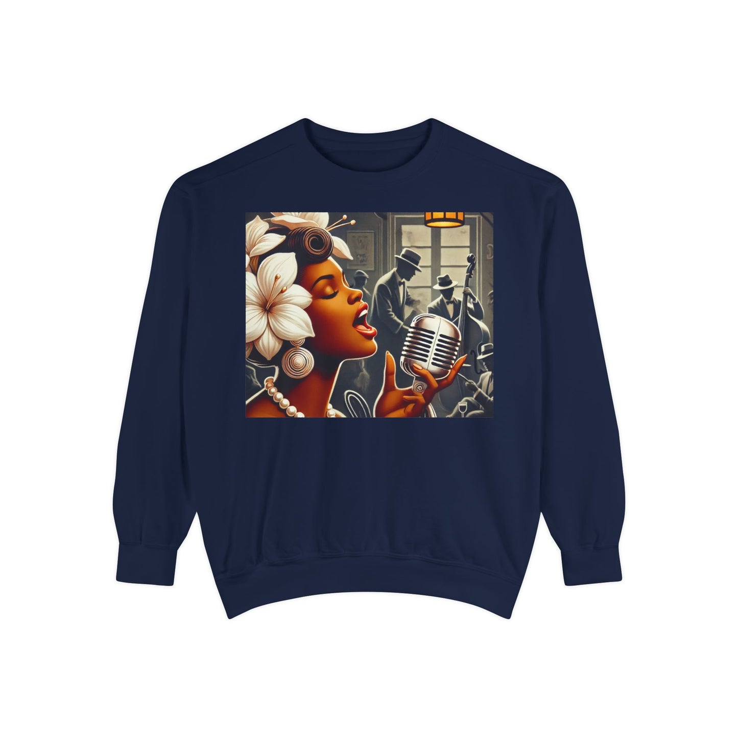 Vintage Jazz Singer Sweatshirt - Unisex Garment-Dyed Design for Music Lovers