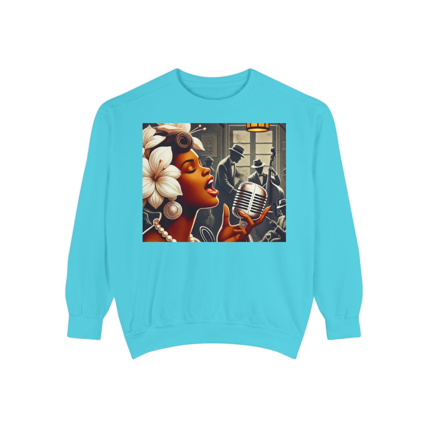 Vintage Jazz Singer Sweatshirt - Unisex Garment-Dyed Design for Music Lovers