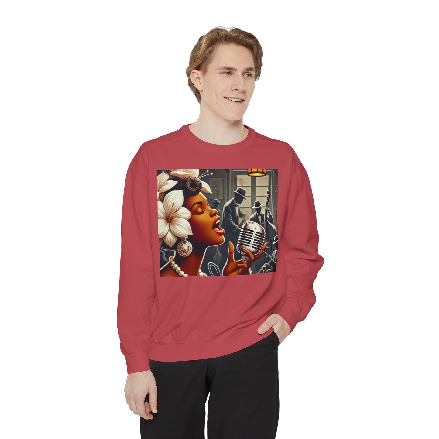 Vintage Jazz Singer Sweatshirt - Unisex Garment-Dyed Design for Music Lovers