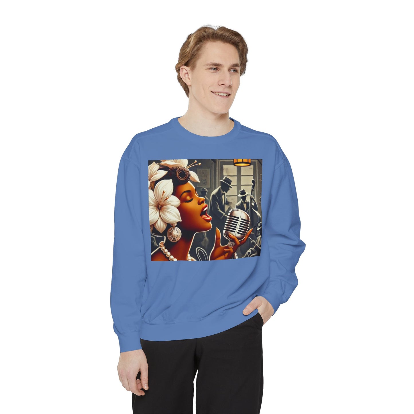 Vintage Jazz Singer Sweatshirt - Unisex Garment-Dyed Design for Music Lovers