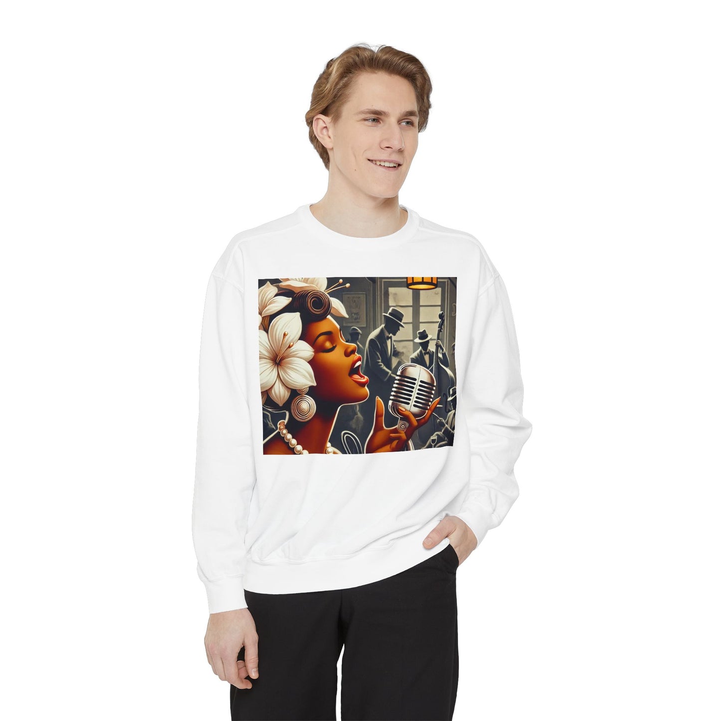 Vintage Jazz Singer Sweatshirt - Unisex Garment-Dyed Design for Music Lovers
