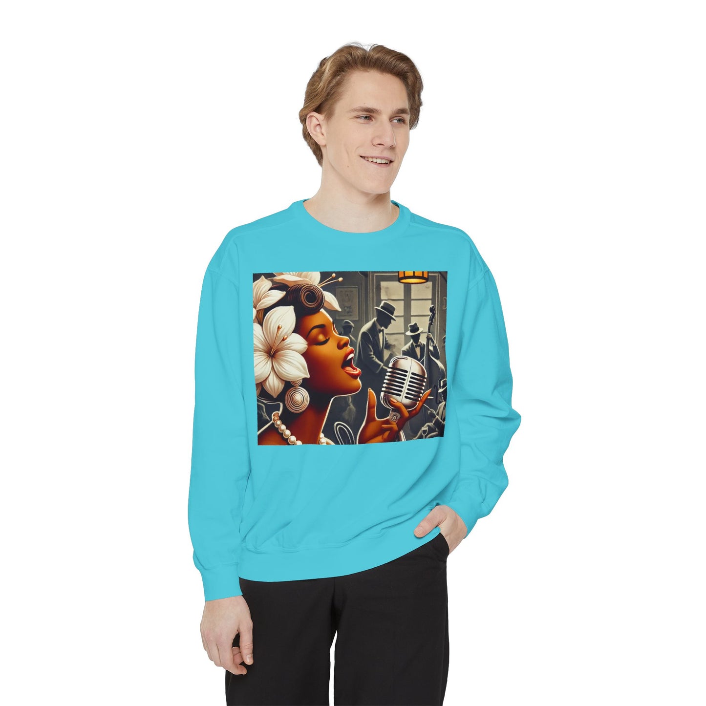 Vintage Jazz Singer Sweatshirt - Unisex Garment-Dyed Design for Music Lovers