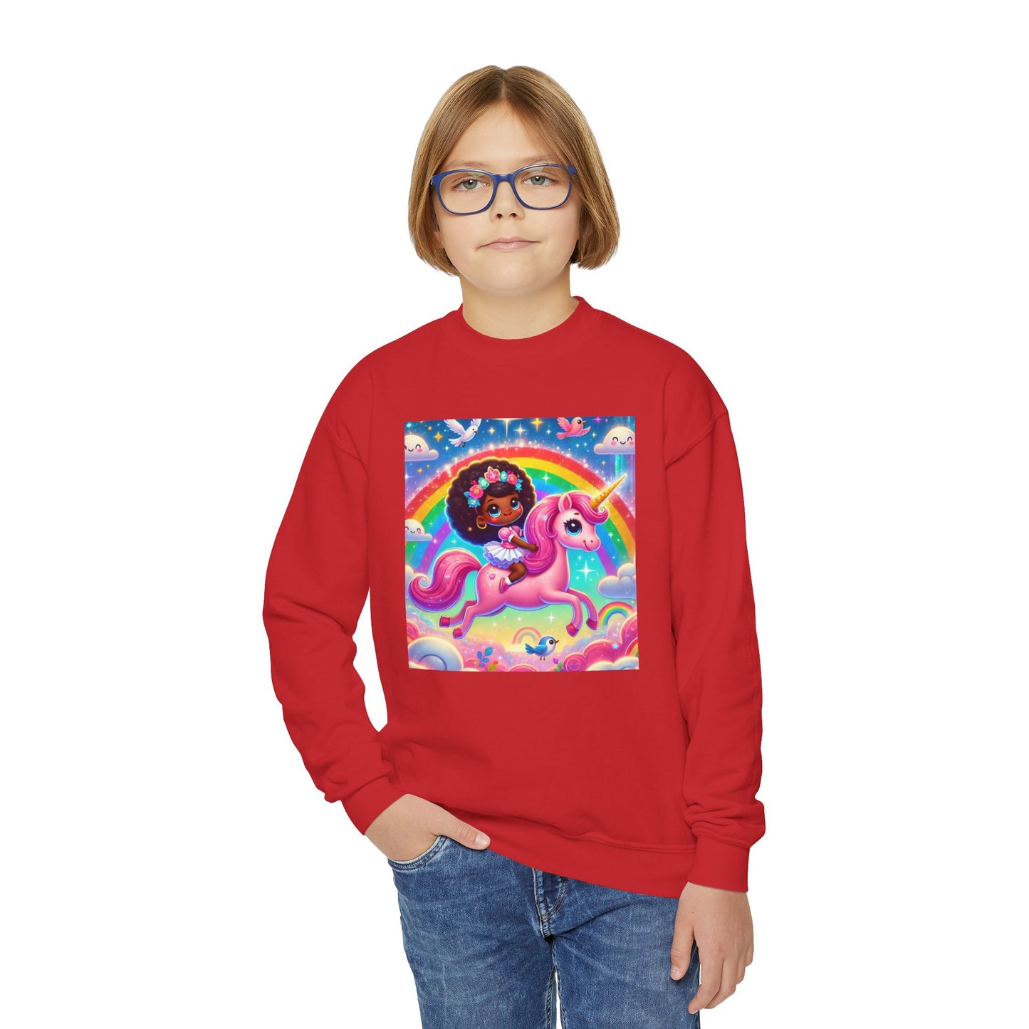 Rainbow Unicorn Youth Crewneck Sweatshirt - Magical Adventure Design