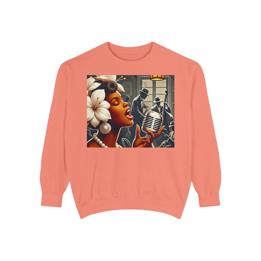 Vintage Jazz Singer Sweatshirt - Unisex Garment-Dyed Design for Music Lovers