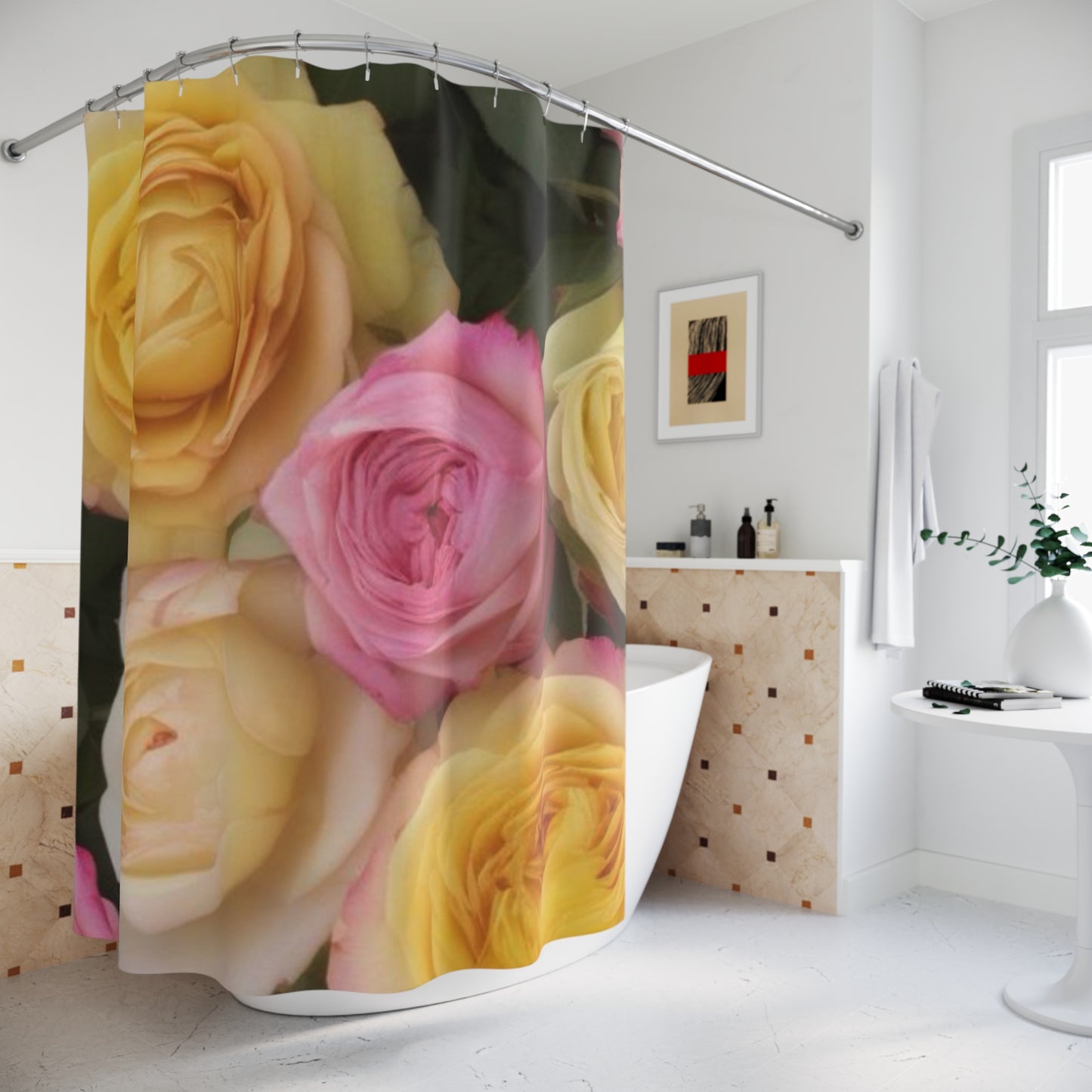Elegant Floral Shower Curtain - Bright Pink & Yellow Roses