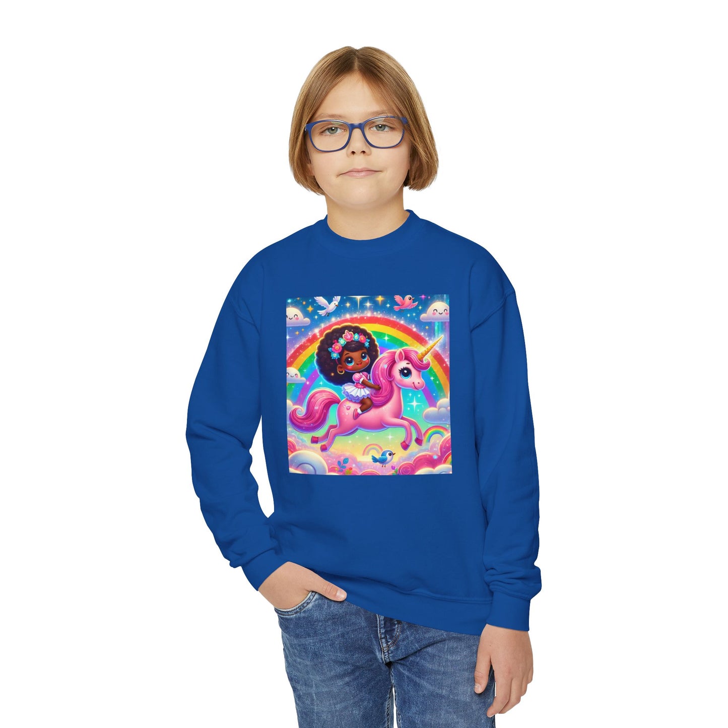 Rainbow Unicorn Youth Crewneck Sweatshirt - Magical Adventure Design