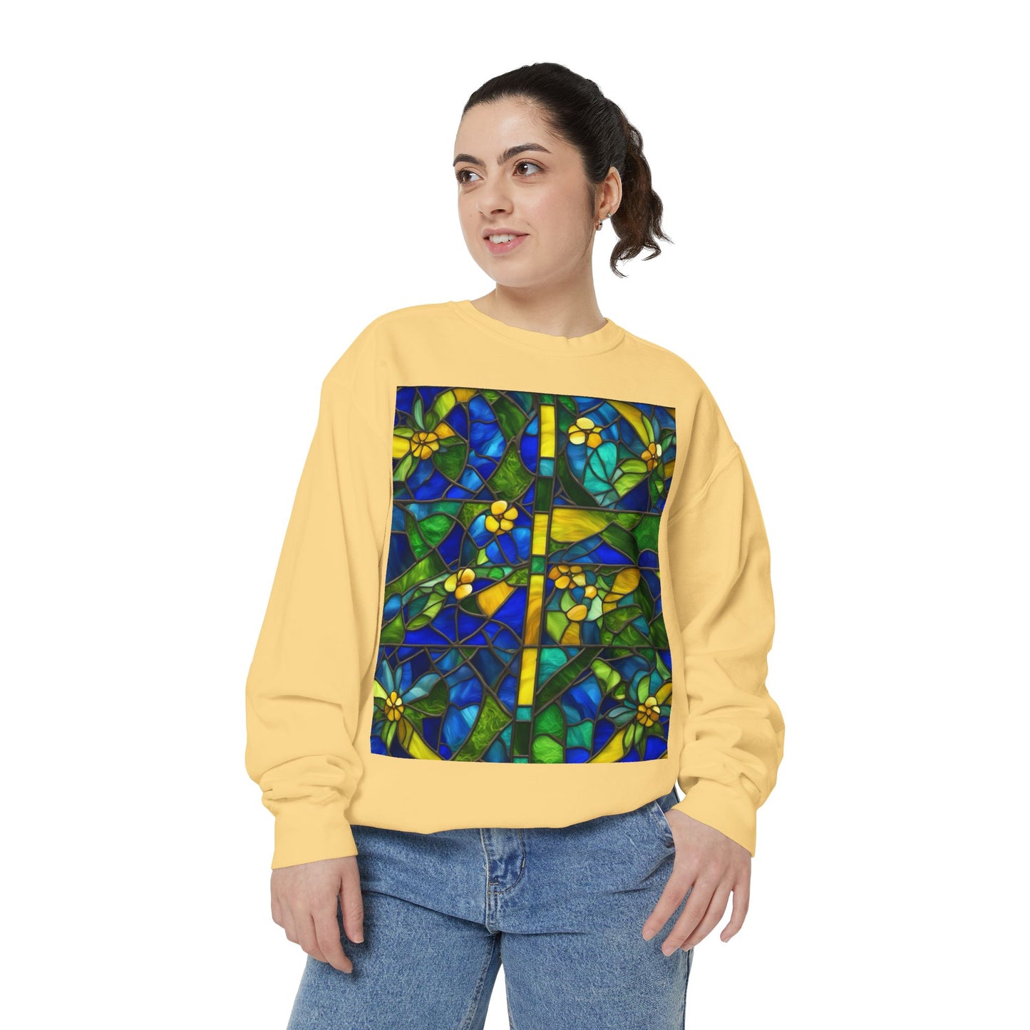 Colorful Stained Glass Flower Sweatshirt - Unisex Garment-Dyed Pullover