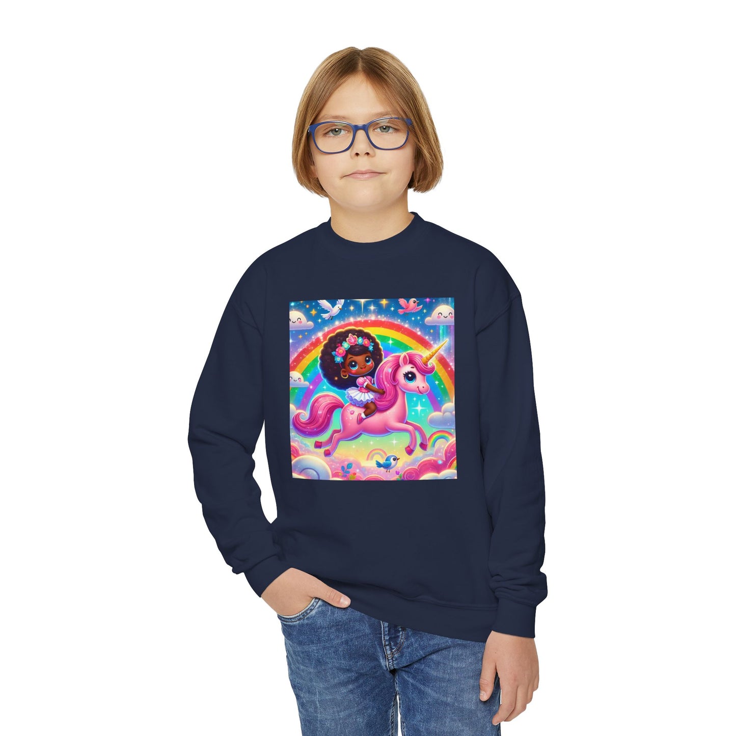 Rainbow Unicorn Youth Crewneck Sweatshirt - Magical Adventure Design