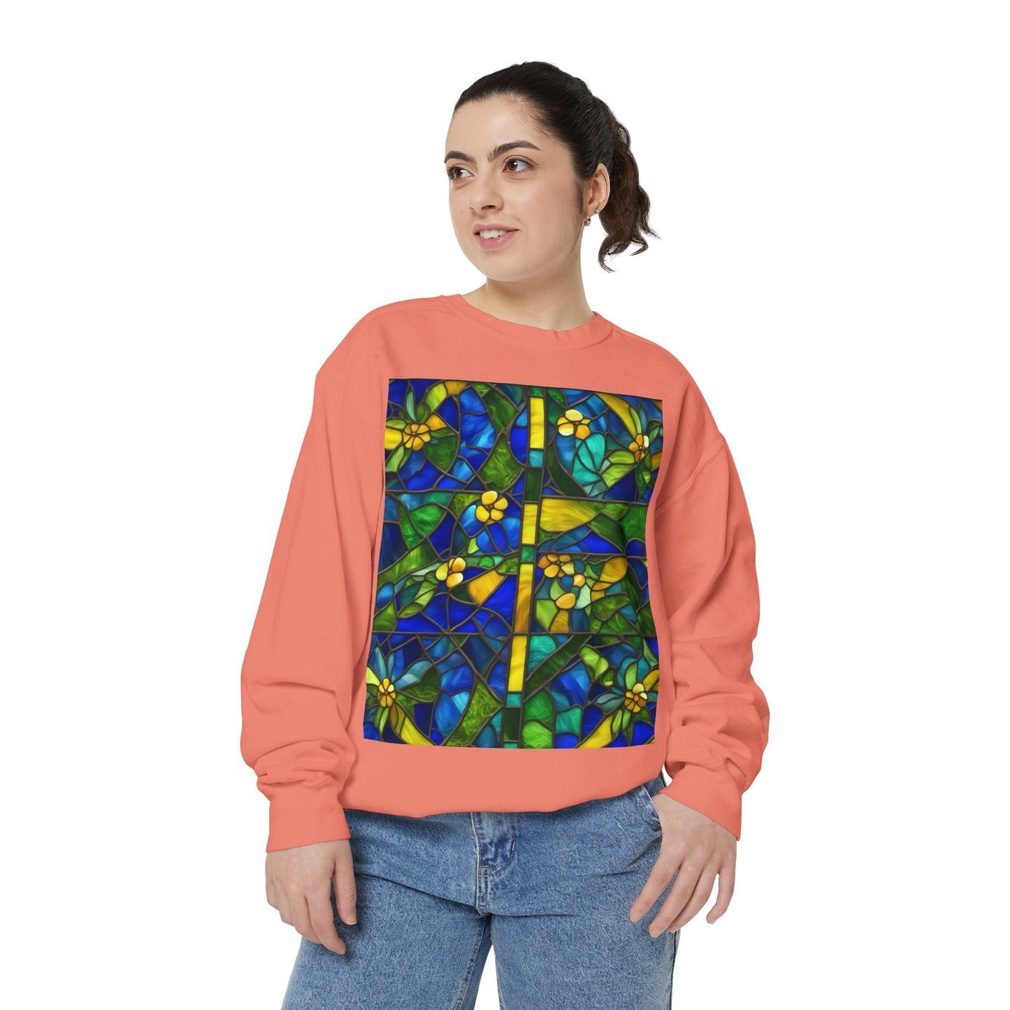 Colorful Stained Glass Flower Sweatshirt - Unisex Garment-Dyed Pullover
