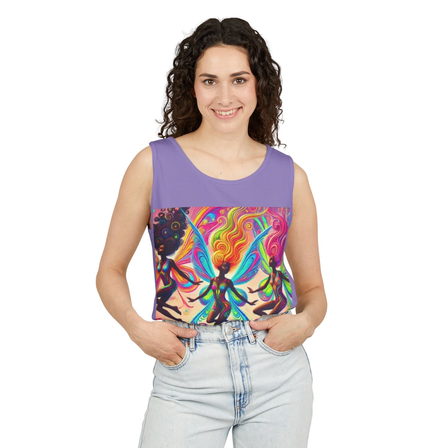 Vibrant Fairy Dance Tank Top, Bohemian Apparel, Artistic Summer Wear, Festival Shirt, Unisex Graphic Top, Colorful Gift Idea