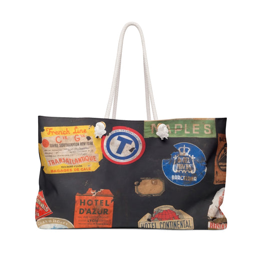 Vintage Travel Weekender Bag with Retro Stickers - Perfect for Adventurers