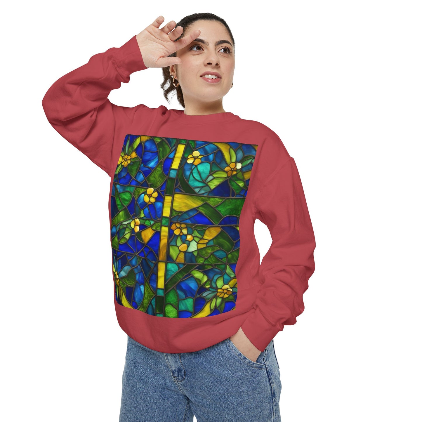 Colorful Stained Glass Flower Sweatshirt - Unisex Garment-Dyed Pullover