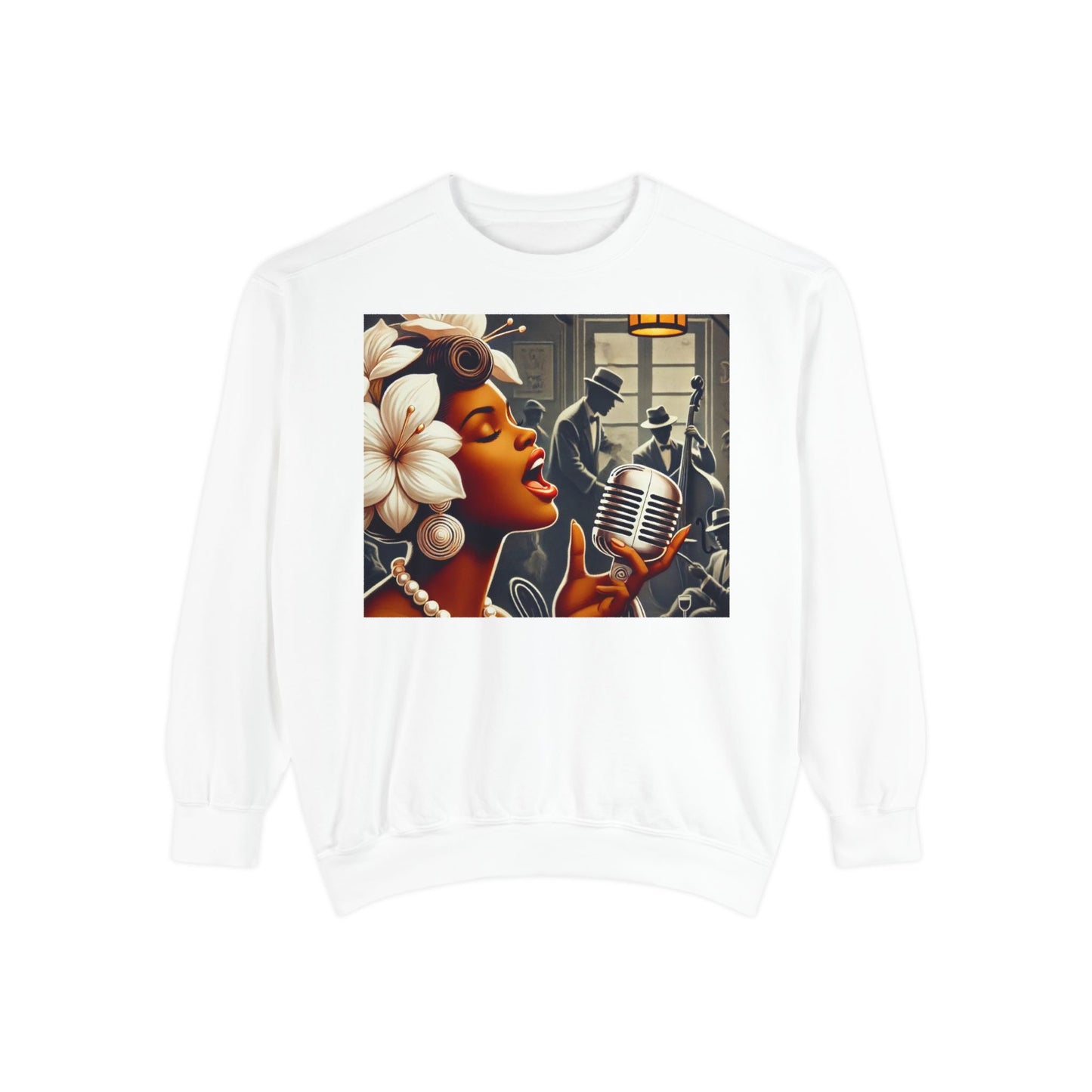 Vintage Jazz Singer Sweatshirt - Unisex Garment-Dyed Design for Music Lovers