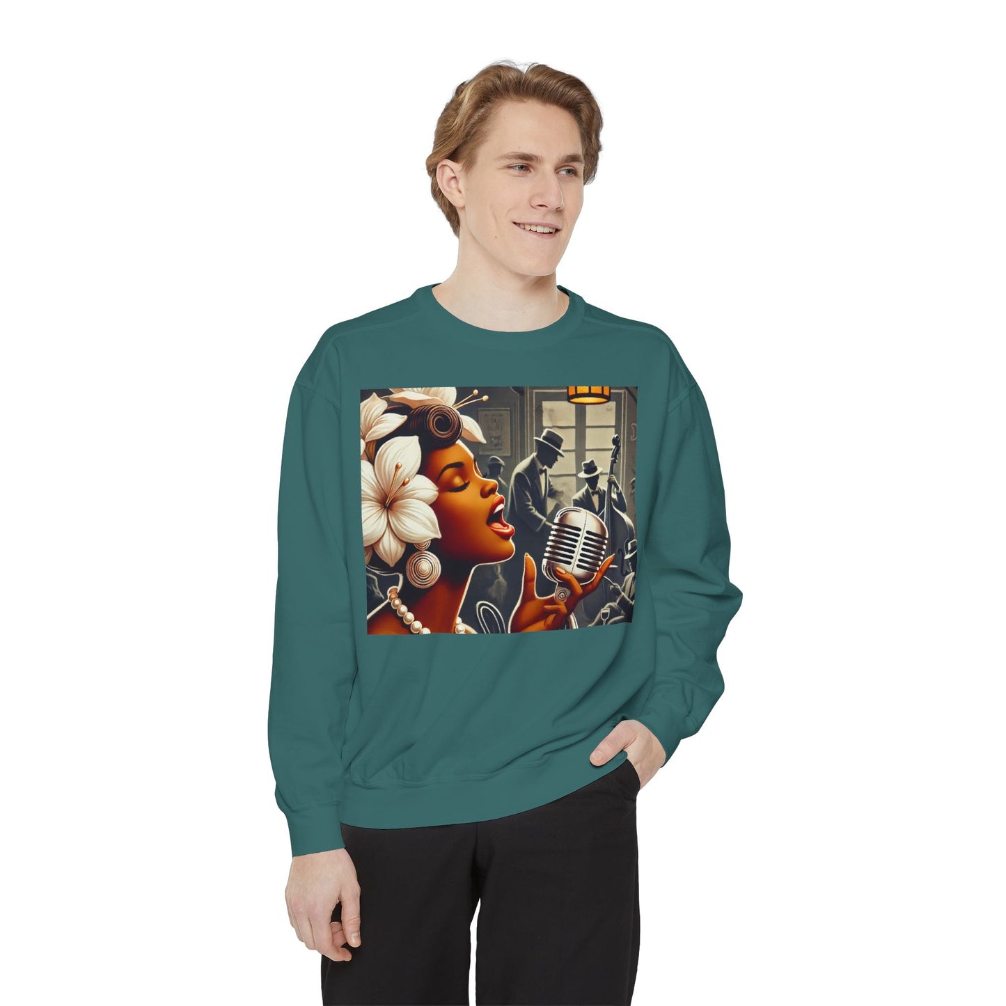 Vintage Jazz Singer Sweatshirt - Unisex Garment-Dyed Design for Music Lovers