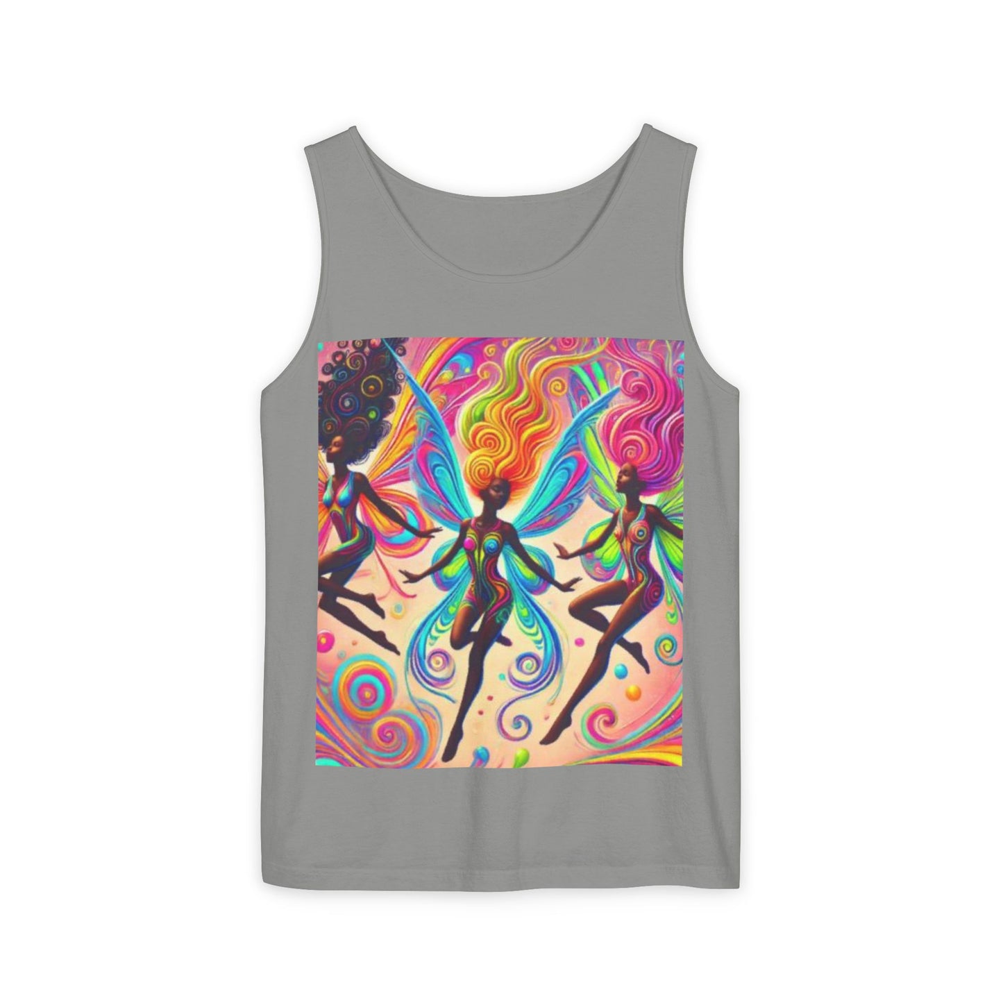 Vibrant Fairy Dance Tank Top, Bohemian Apparel, Artistic Summer Wear, Festival Shirt, Unisex Graphic Top, Colorful Gift Idea
