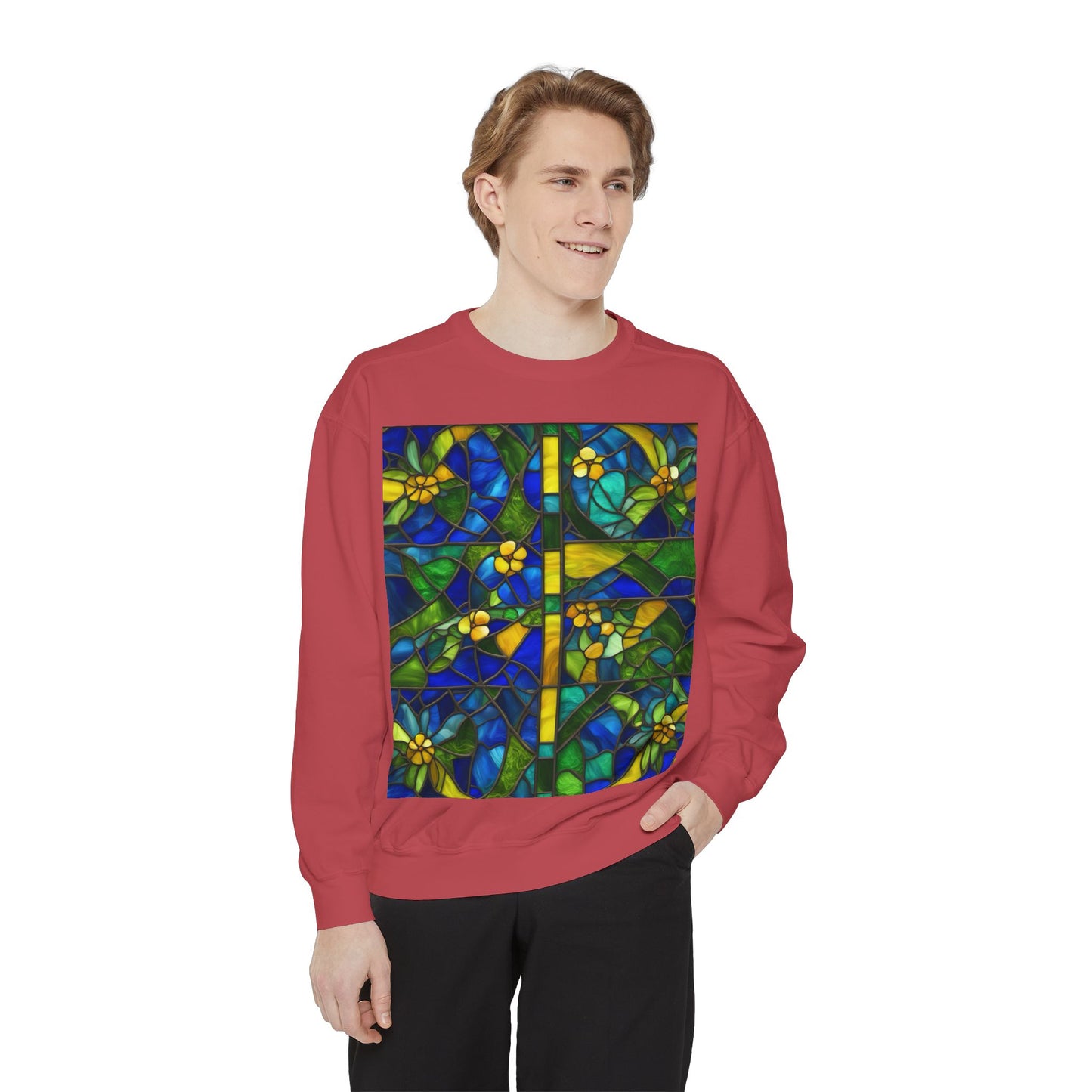 Colorful Stained Glass Flower Sweatshirt - Unisex Garment-Dyed Pullover