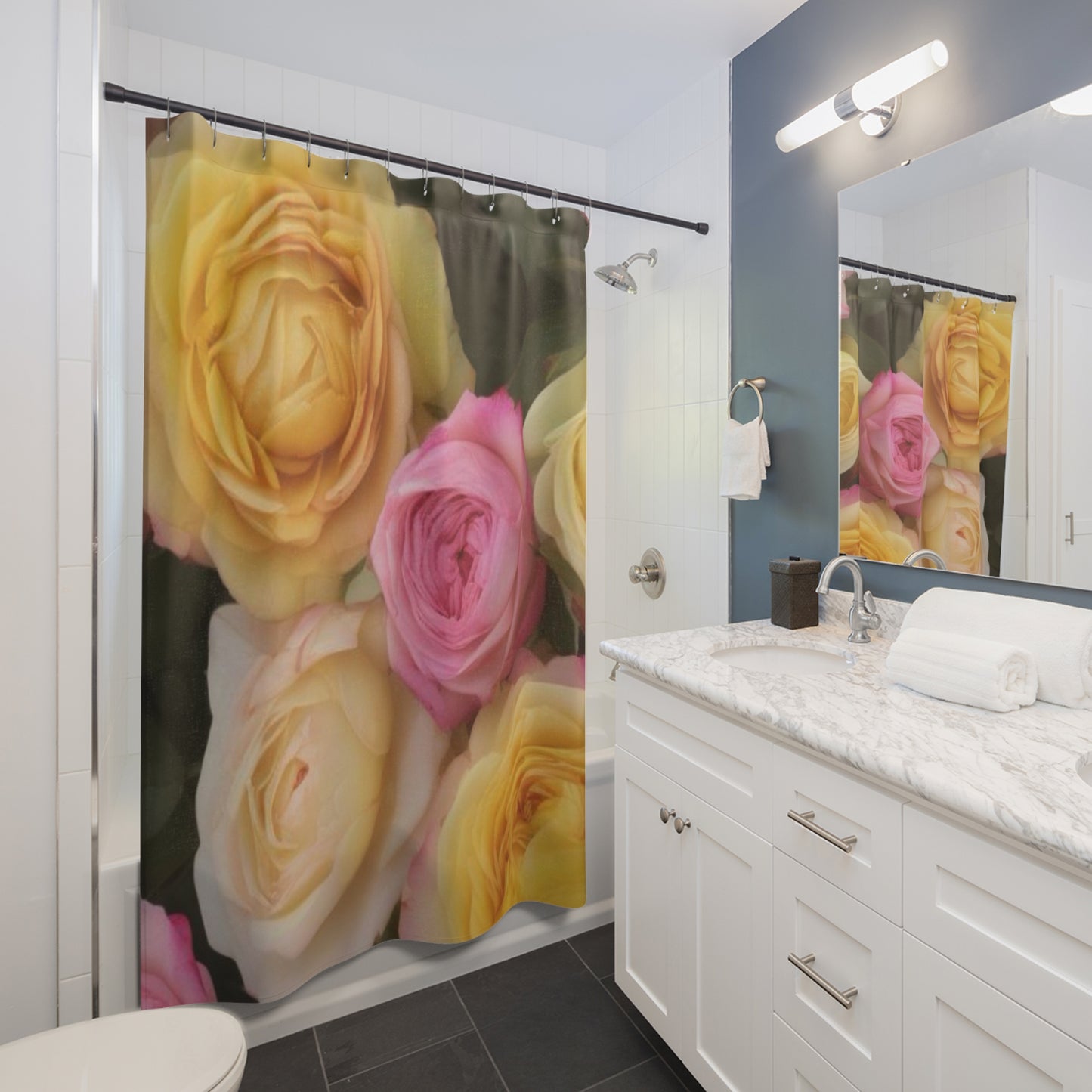 Elegant Floral Shower Curtain - Bright Pink & Yellow Roses