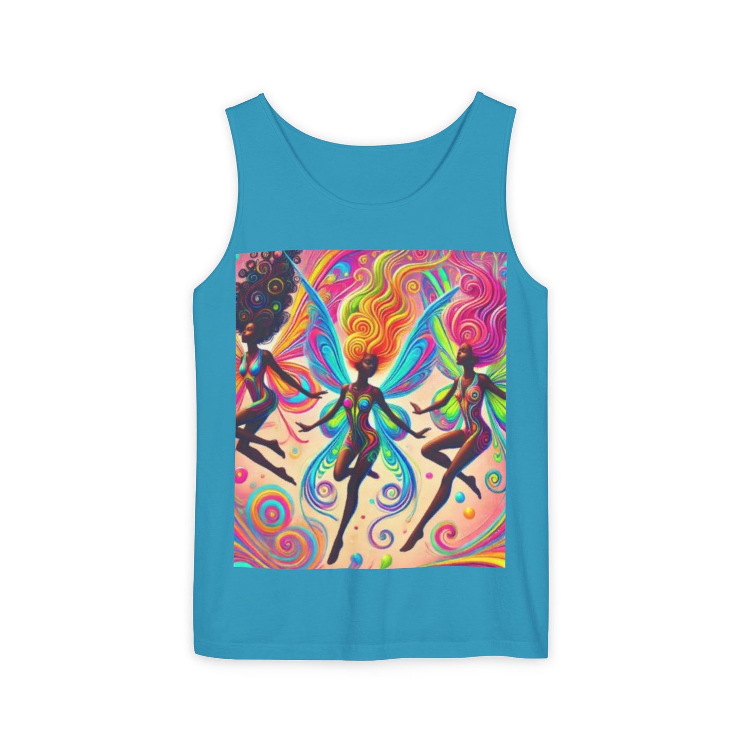 Vibrant Fairy Dance Tank Top, Bohemian Apparel, Artistic Summer Wear, Festival Shirt, Unisex Graphic Top, Colorful Gift Idea