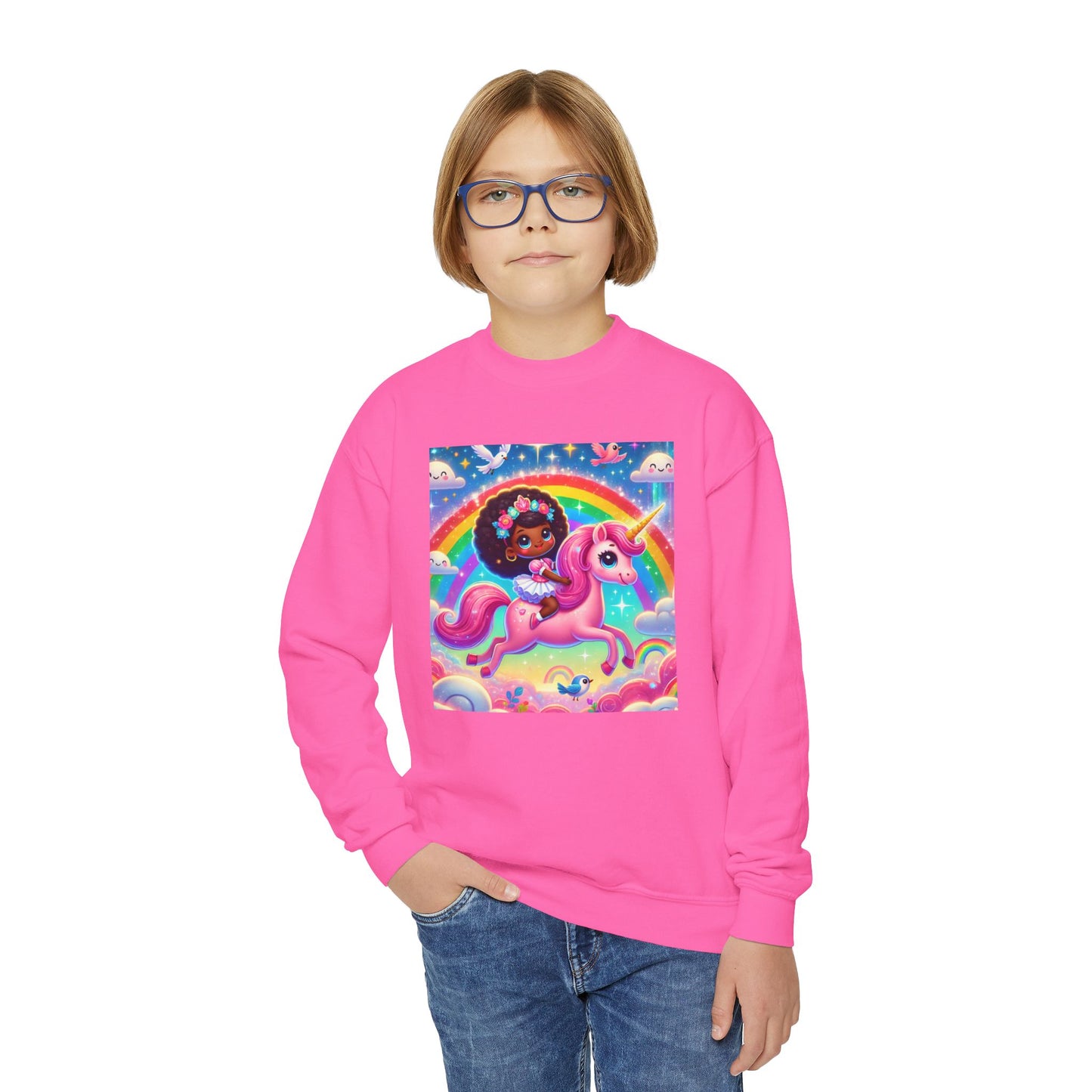 Rainbow Unicorn Youth Crewneck Sweatshirt - Magical Adventure Design
