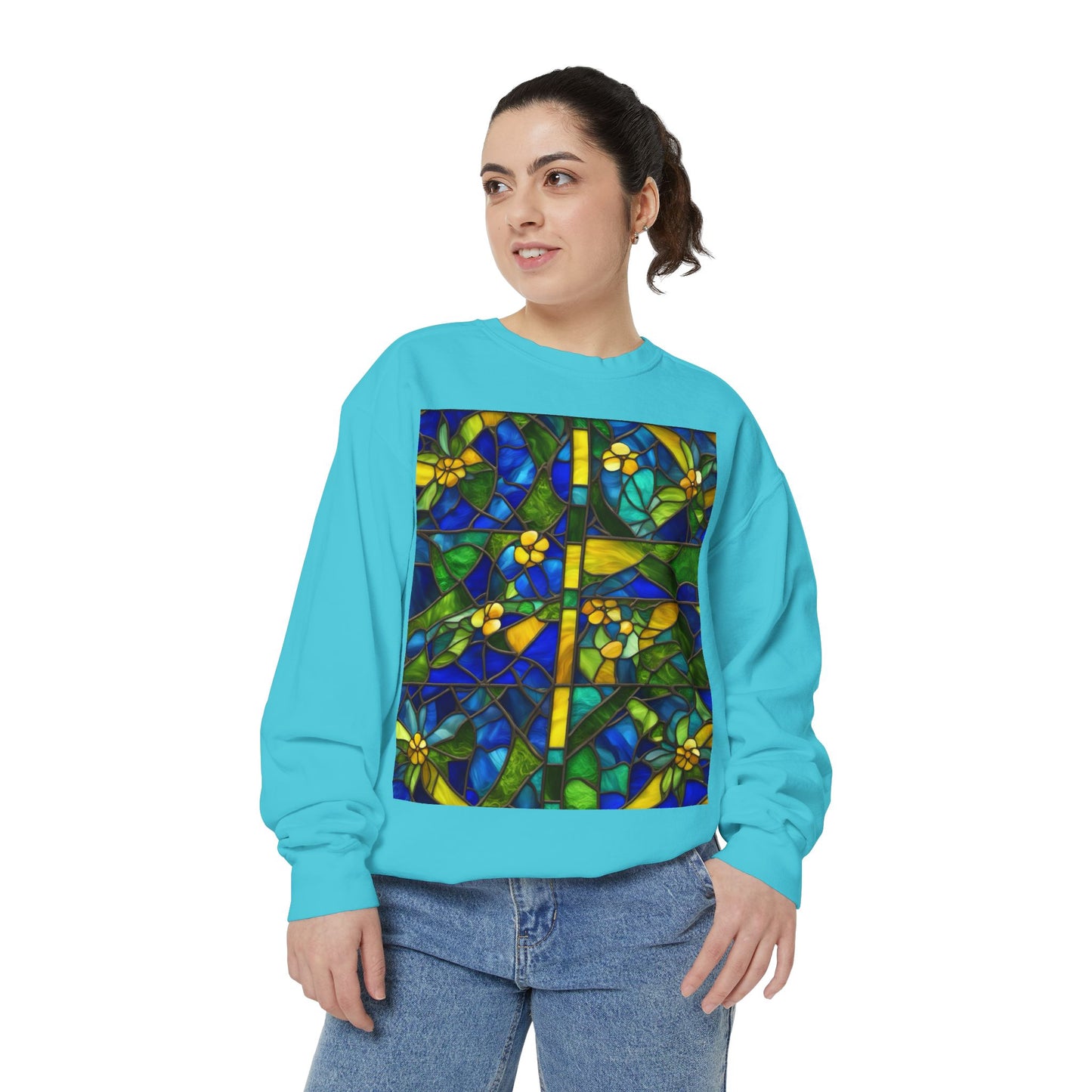 Colorful Stained Glass Flower Sweatshirt - Unisex Garment-Dyed Pullover