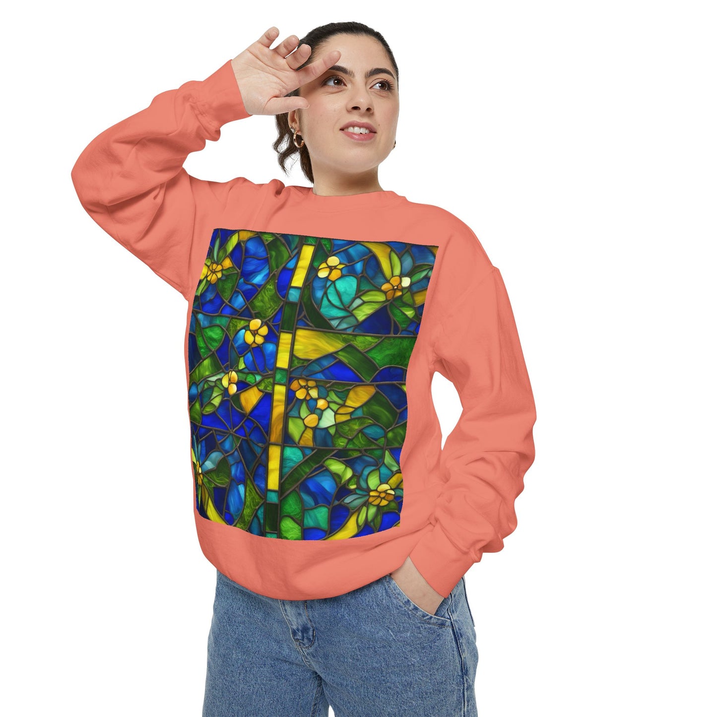 Colorful Stained Glass Flower Sweatshirt - Unisex Garment-Dyed Pullover
