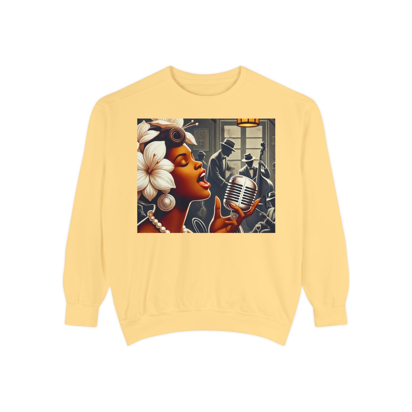 Vintage Jazz Singer Sweatshirt - Unisex Garment-Dyed Design for Music Lovers