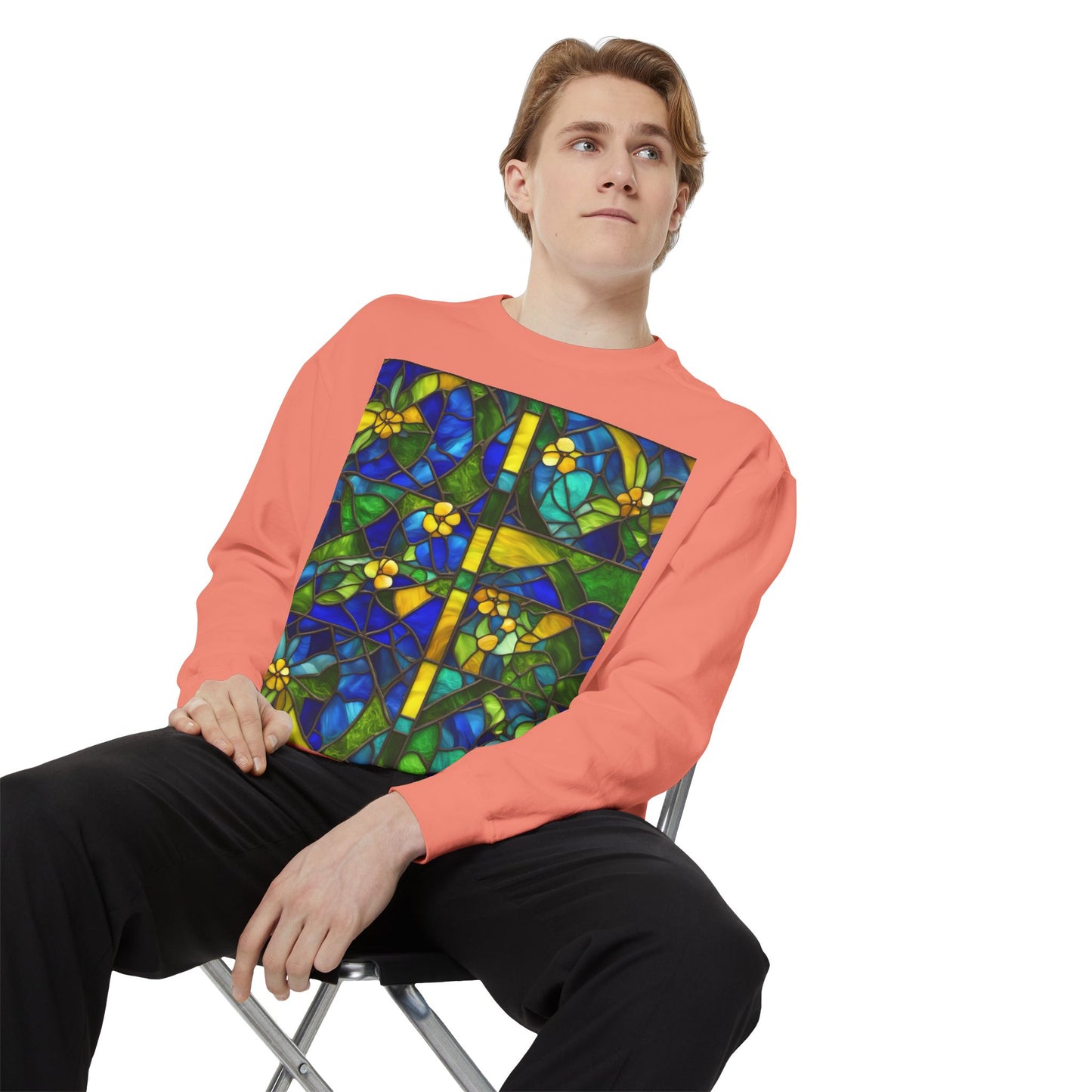 Colorful Stained Glass Flower Sweatshirt - Unisex Garment-Dyed Pullover