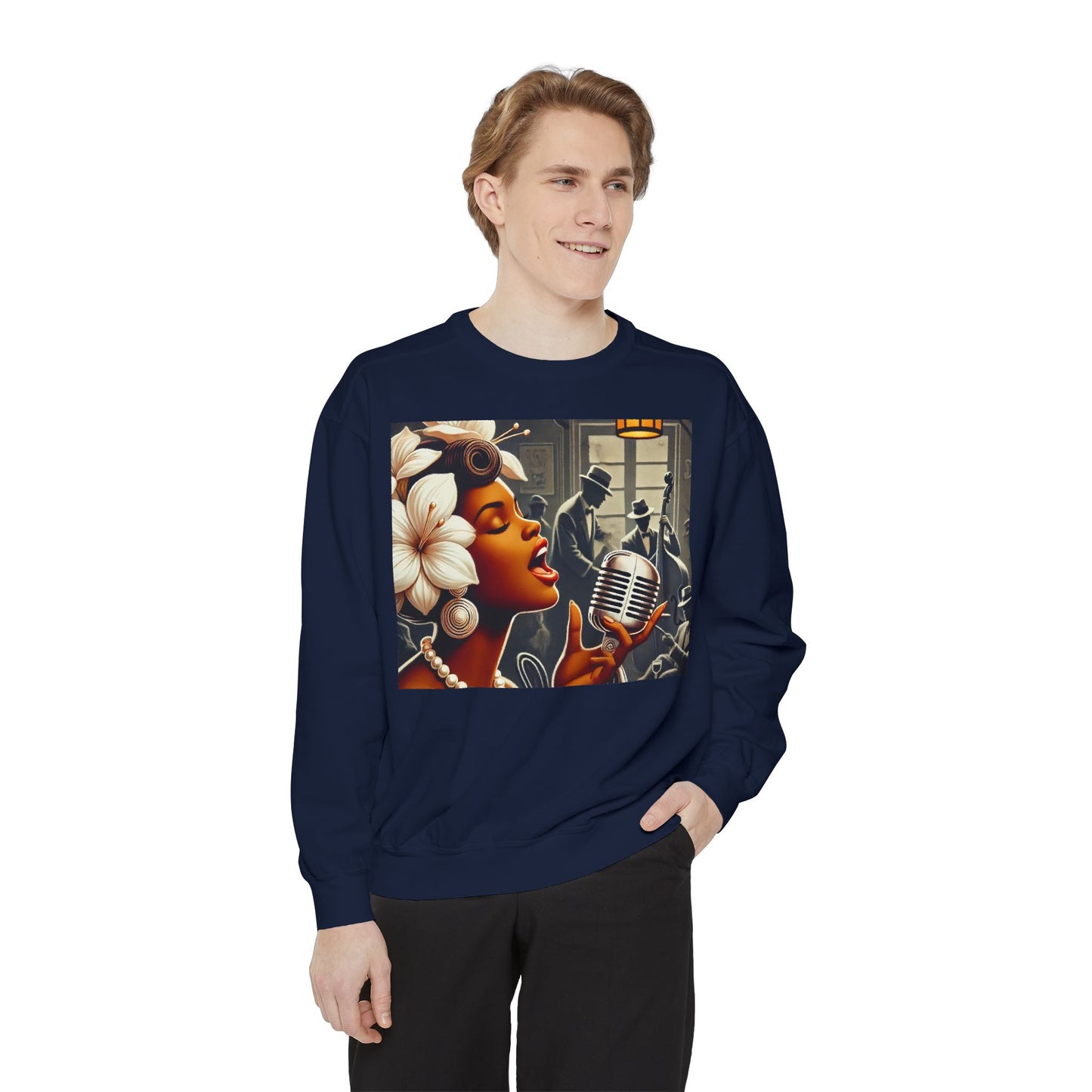 Vintage Jazz Singer Sweatshirt - Unisex Garment-Dyed Design for Music Lovers